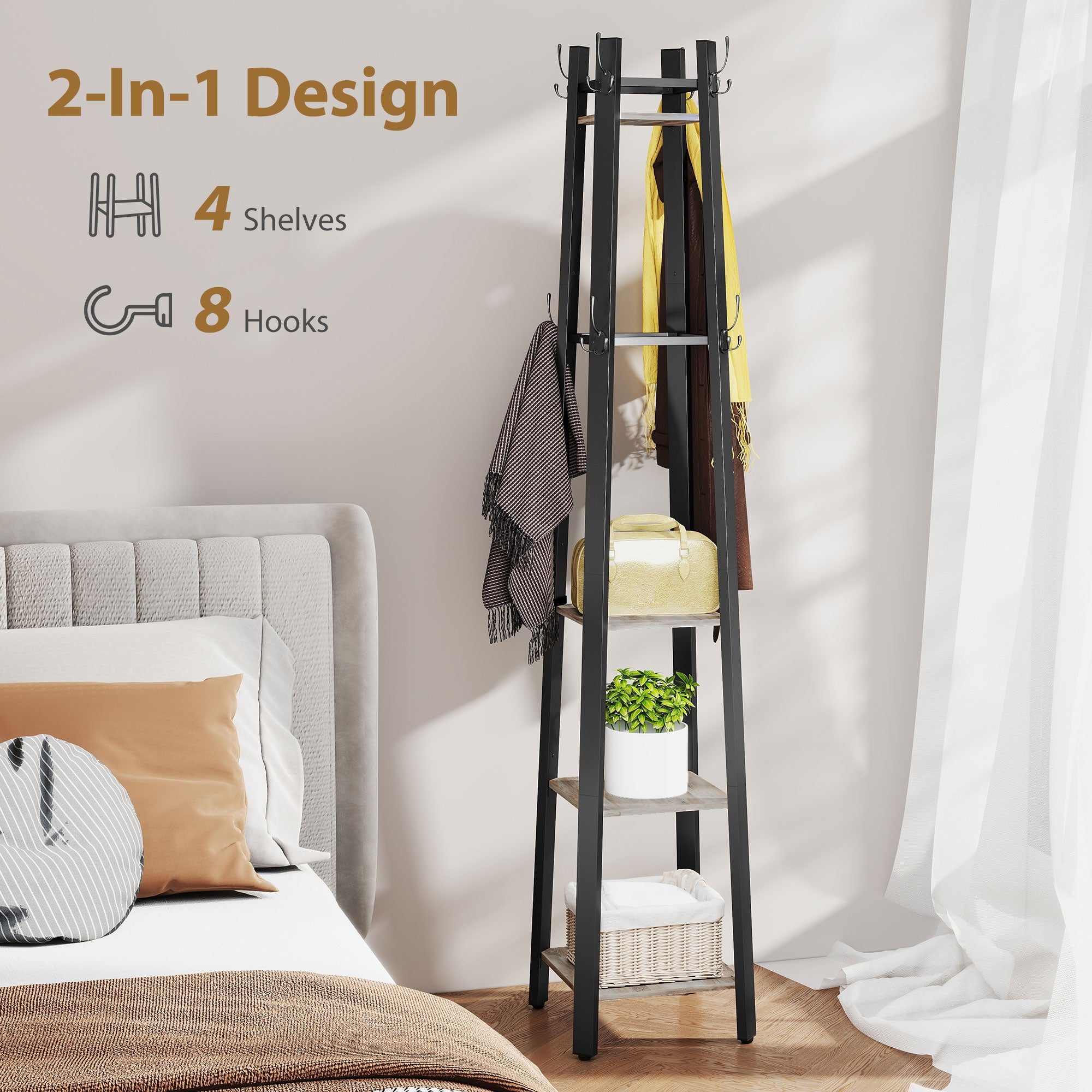 HOMCOM Industrial Coat Stand with 8 Hooks and 4 Shelves - Grey