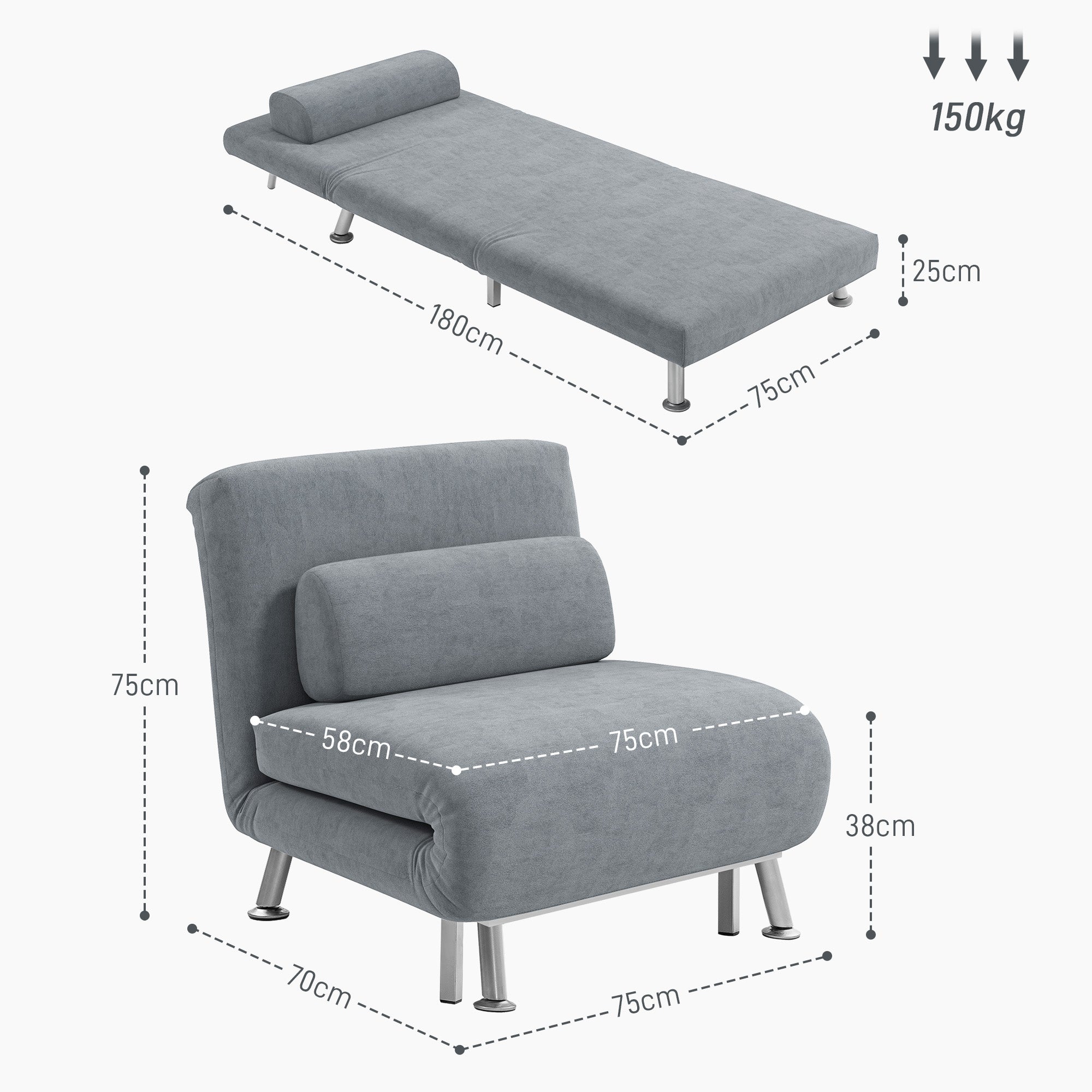 HOMCOM Single Velvet-Feel Sleeper Chair - Grey - North Peak Garden Furniture