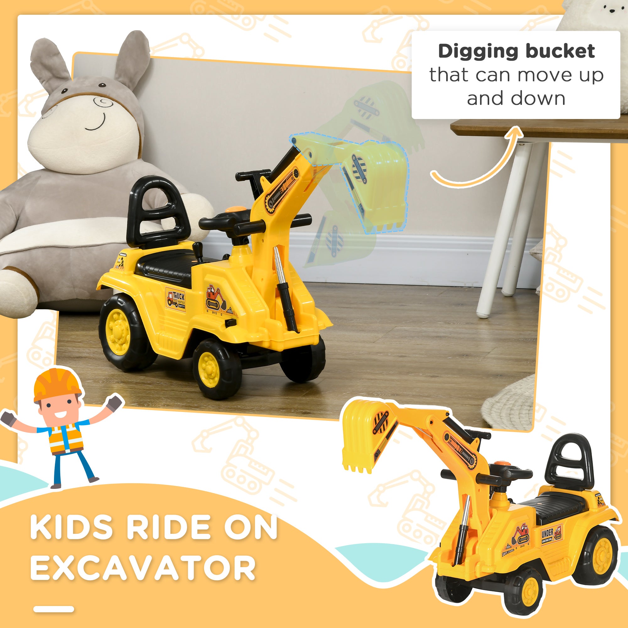 HOMCOM 2 in 1 Kids Ride On Tractor Pull Cart with Bucket, Under Seat Storage, Horn, High Backrest, for 1.5-4 Years Old, Yellow - North Peak Garden Furniture