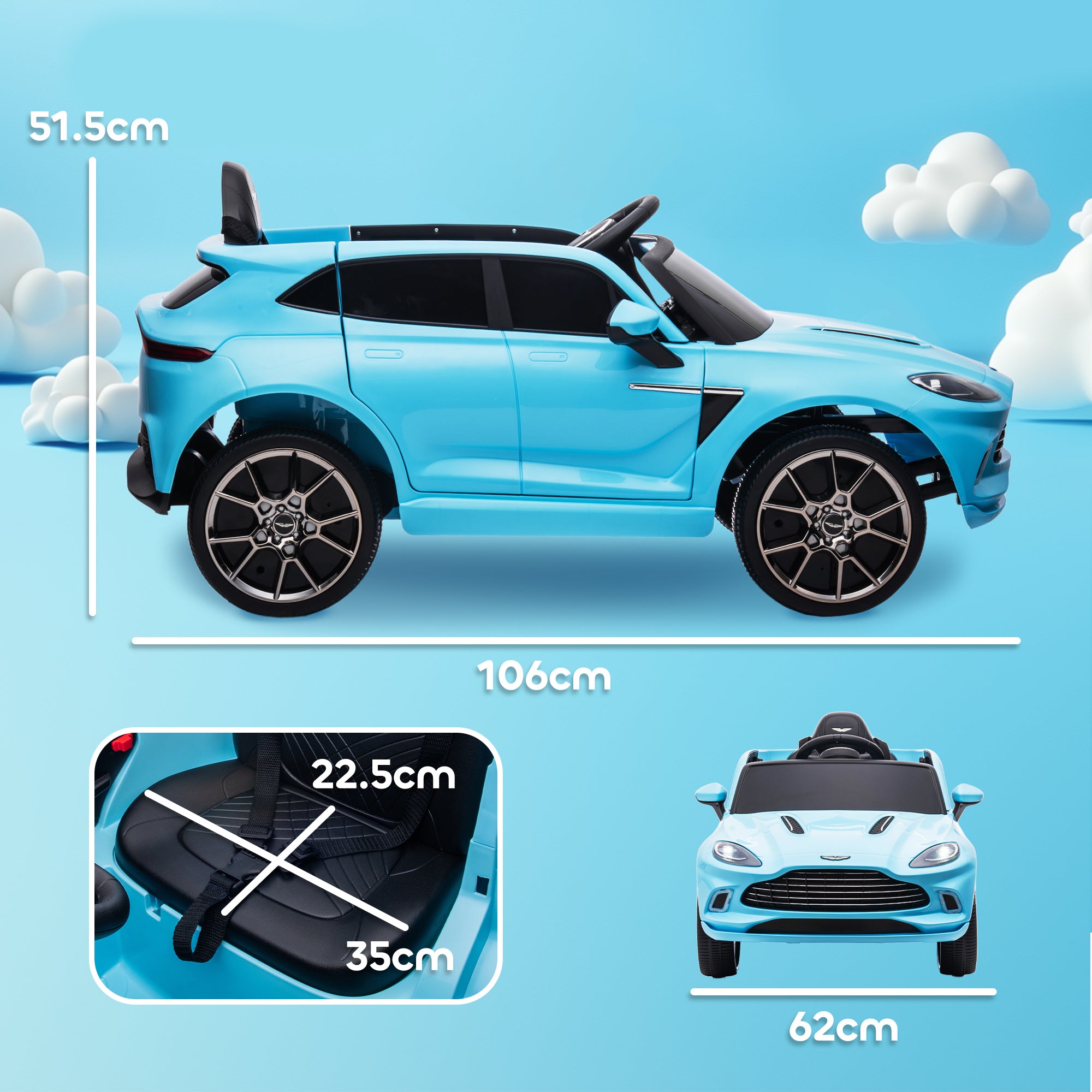 AIYAPLAY Aston Martin DBX Licensed Battery Powered Kids Electric Car, 12V Kids Ride on Car w/ Lights, Music Horn, Blue - North Peak Garden Furniture