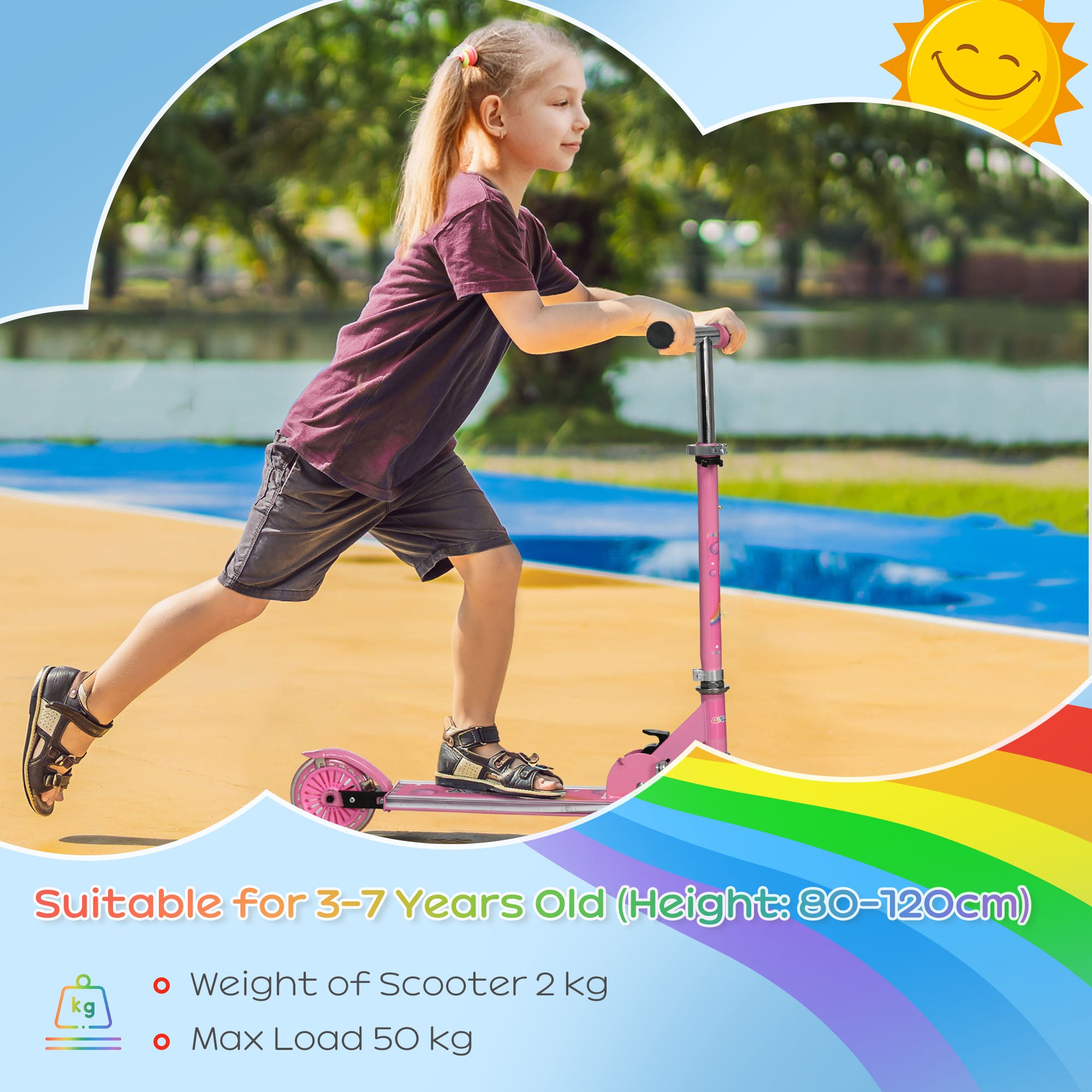 HOMCOM Kids Scooter, with Lights, Music, Adjustable Height, Foldable Frame, for Ages 3-7 Years - Pink - North Peak Garden Furniture