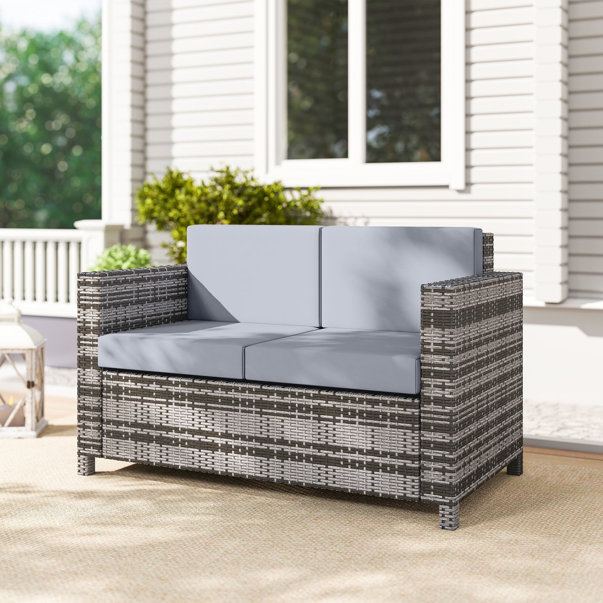 Outsunny 2 Seater Garden Furniture, Rattan Sofa with Soft Padded Cushion and Armrests, Wicker Garden Loveseat for Patio, Mixed Grey