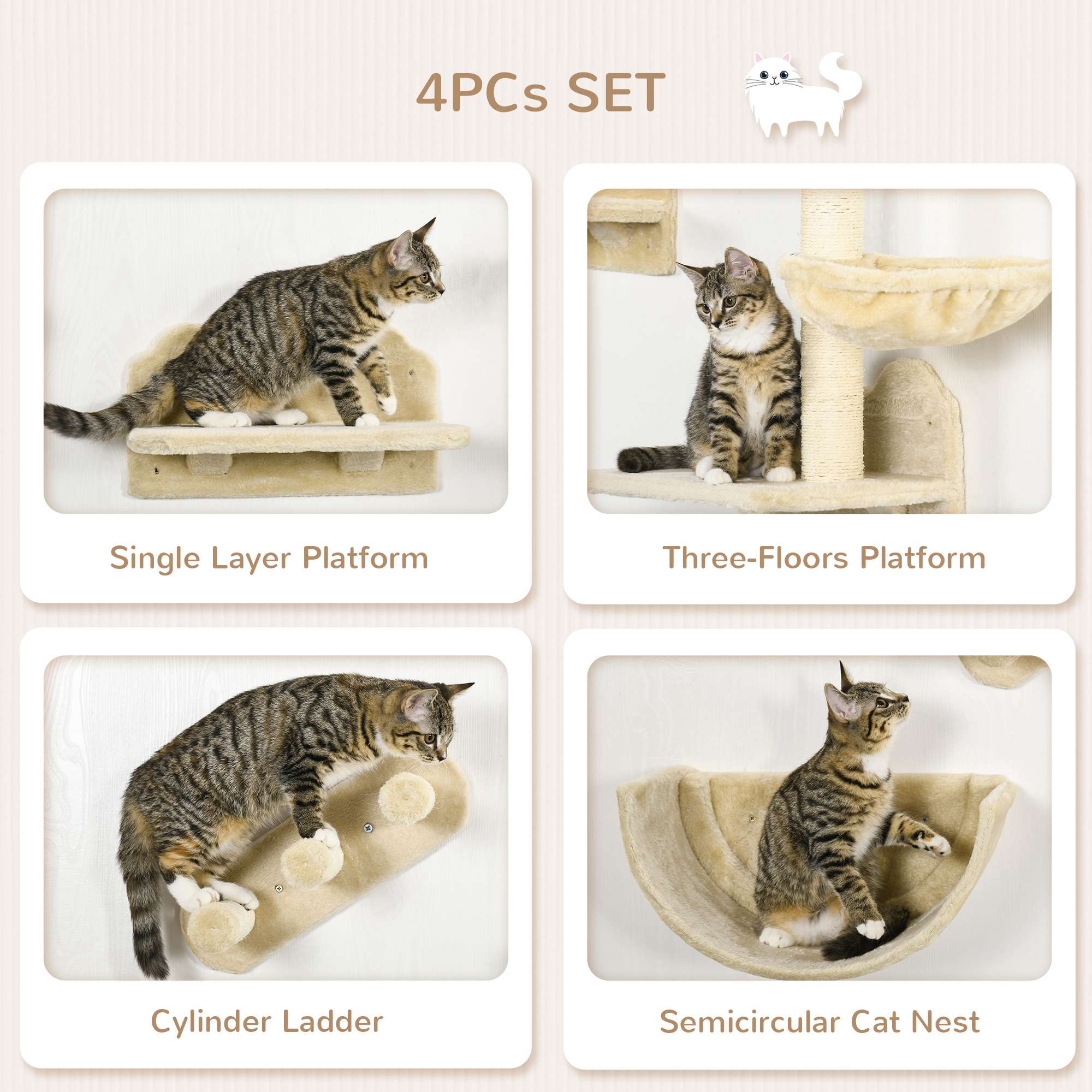 PawHut 4PCs Wall-Mounted Cat Shelves w/ Scratching Post, Hammock, Nest - Beige - North Peak Garden Furniture