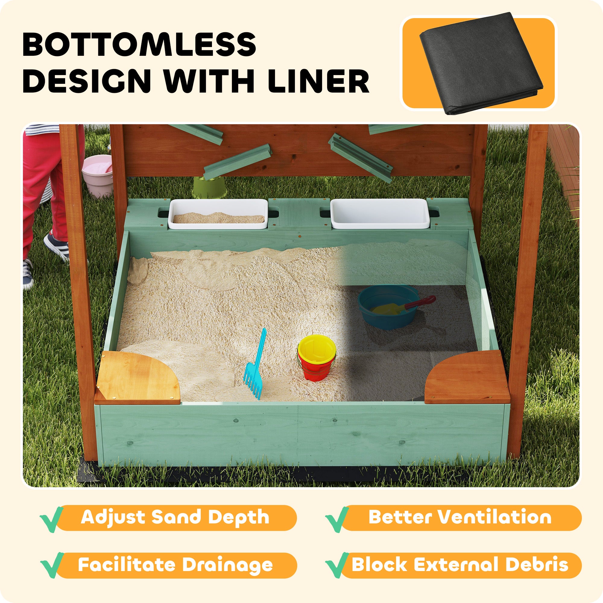 AIYAPLAY Wood Sandpit with Canopy, Storage Bins, Funnel, Liner, Chutes, Bucket with Tap, 116 x 112.5 x 128 cm, Green - North Peak Garden Furniture