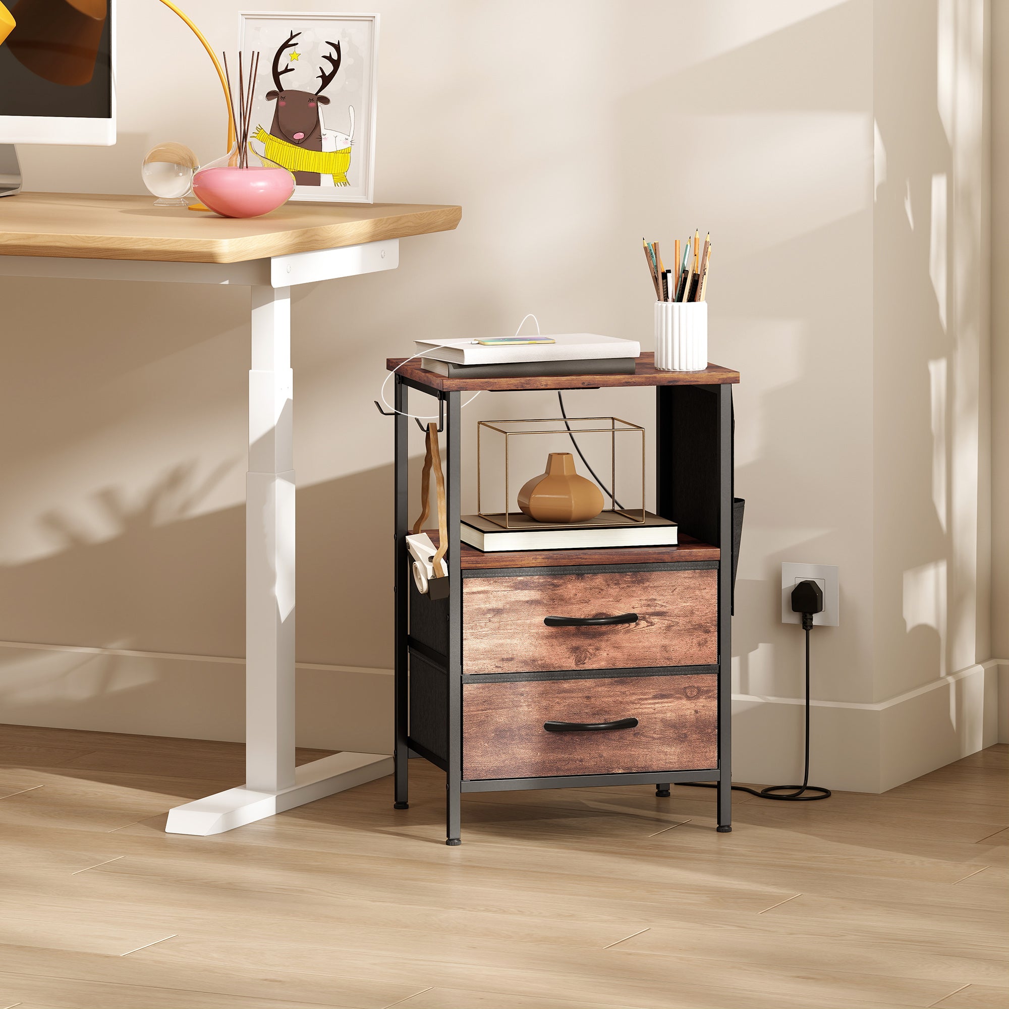 HOMCOM Bedside Table with Charging Station - Rustic Brown