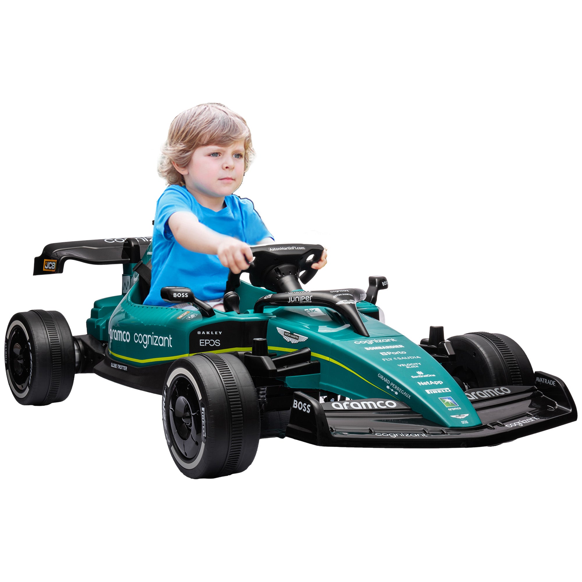 AIYAPLAY Aston Martin Licensed 12V Kids Ride on Racing Kart w/ Bluetooth, 4 Suspension Wheels, Music Lights Horn, Green