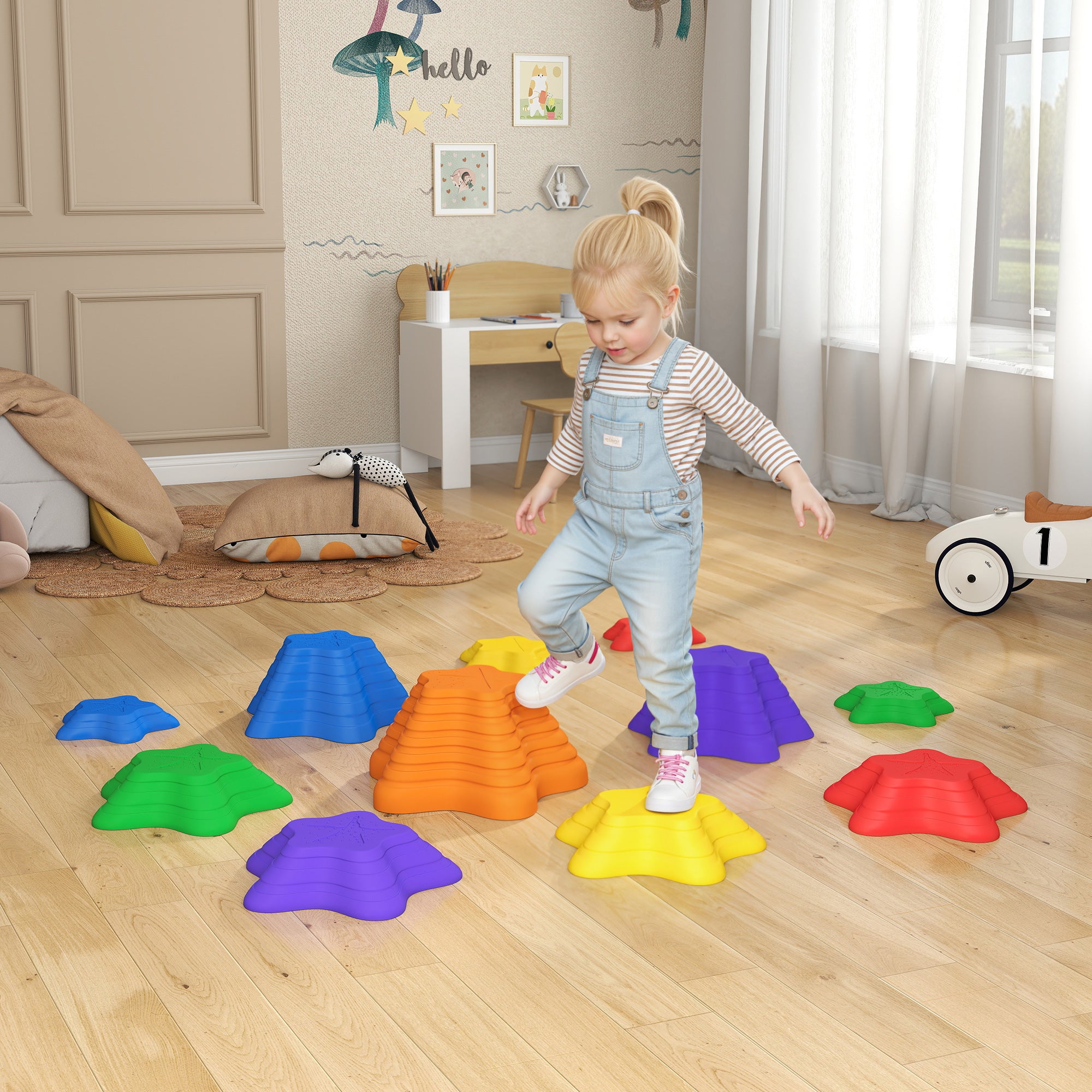 Outsunny 11-Piece Balance Stepping Stones for Kids Starfish Style Non-slip Obstacle Course Stackable Balance Blocks Garden Toys Encourage Toddler Balance Indoor Outdoor - Multicoloured