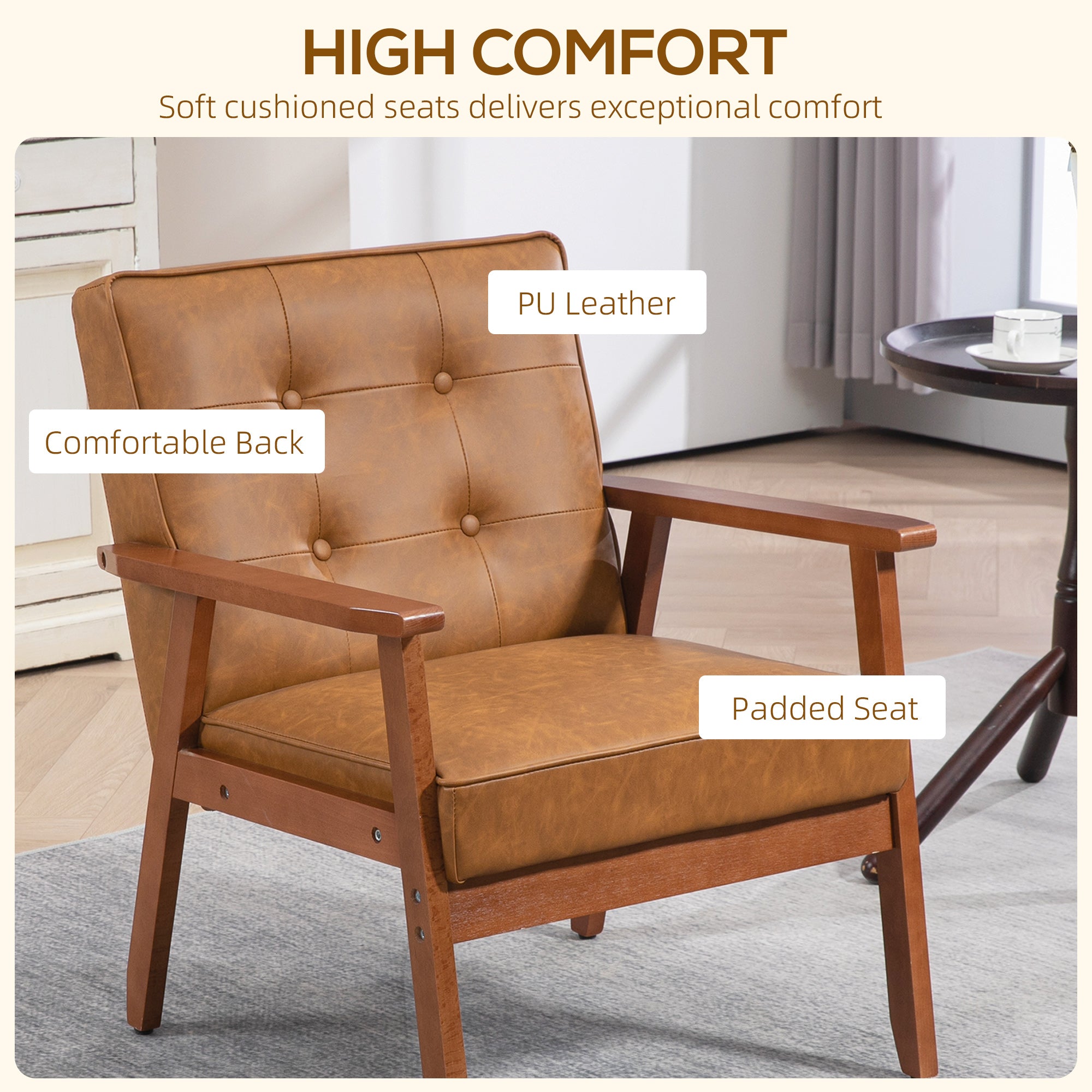 HOMCOM Retro-Style Accent Chair, with Faux Leather Seat - Brown - North Peak Garden Furniture