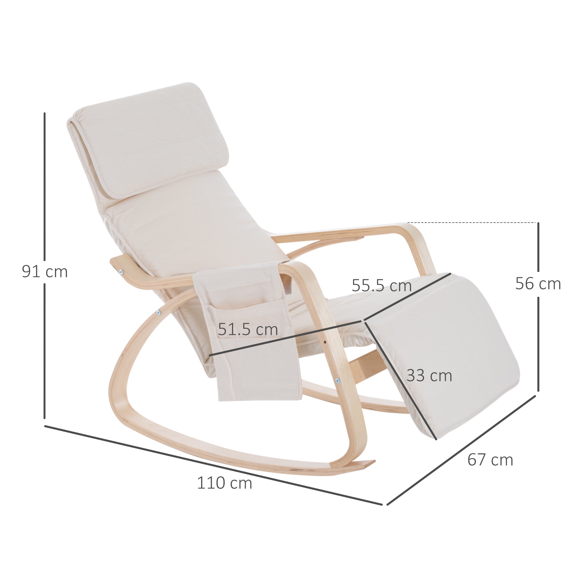 HOMCOM Rocking Lounge Chair Recliner Relaxation Lounging Relaxing Seat with Adjustable Footrest, Side Pocket and Pillow, Cream White - North Peak Garden Furniture