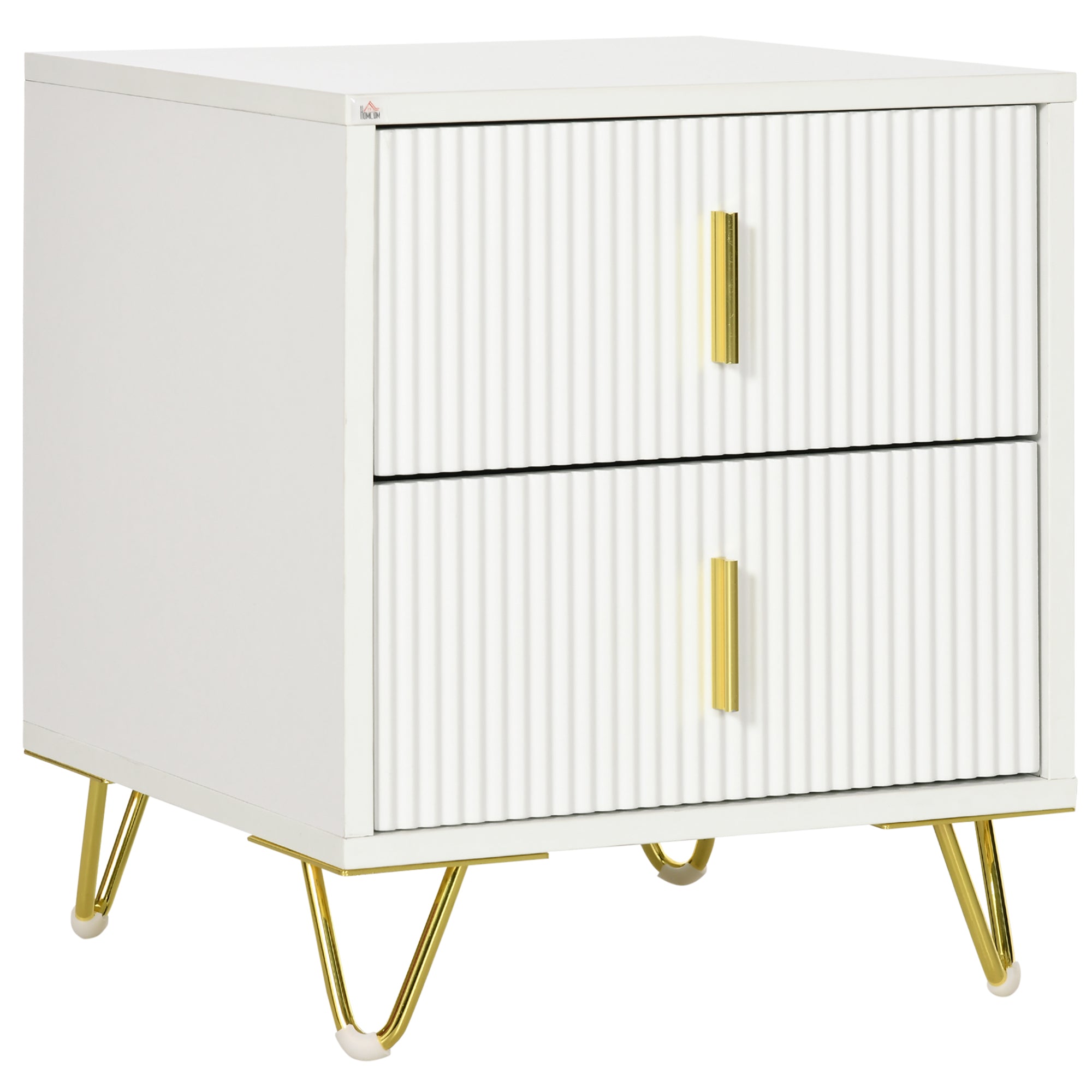 HOMCOM Bedside Table with 2 Drawers, Side End Table, Nightstand with Metal Frame for Living Room, Bedroom, White - North Peak Garden Furniture