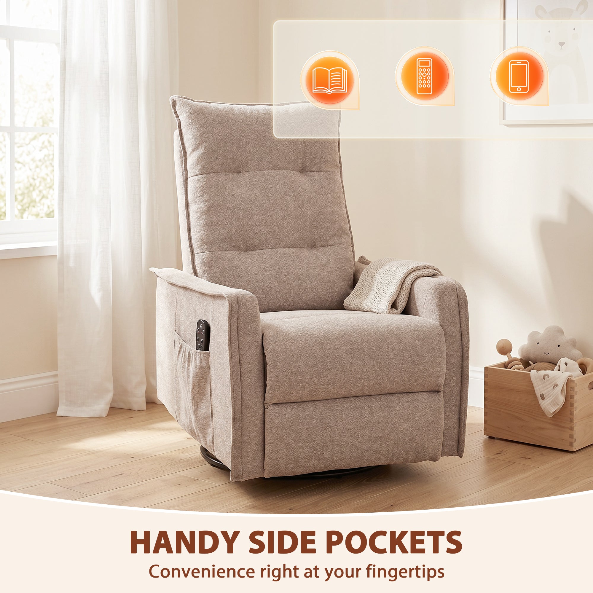 HOMCOM Recliner Armchair, Chenille Recliner Chair with Massage and Heat, 360° Swivel Rocking Manual Recliner, Brown
