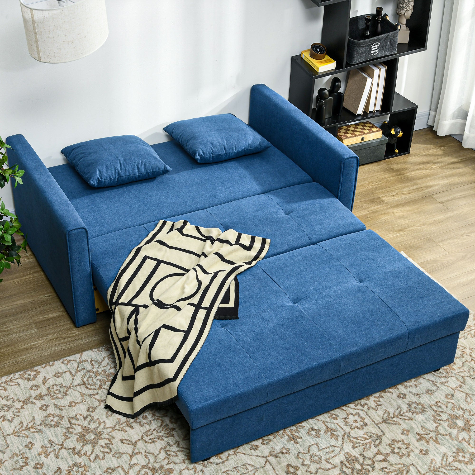 HOMCOM 2 Seater Sofa Bed, Convertible Bed Settee, Modern Fabric Loveseat Sofa Couch with 2 Cushions, Hidden Storage for Living Room, Guest Room, Deep Blue - North Peak Garden Furniture
