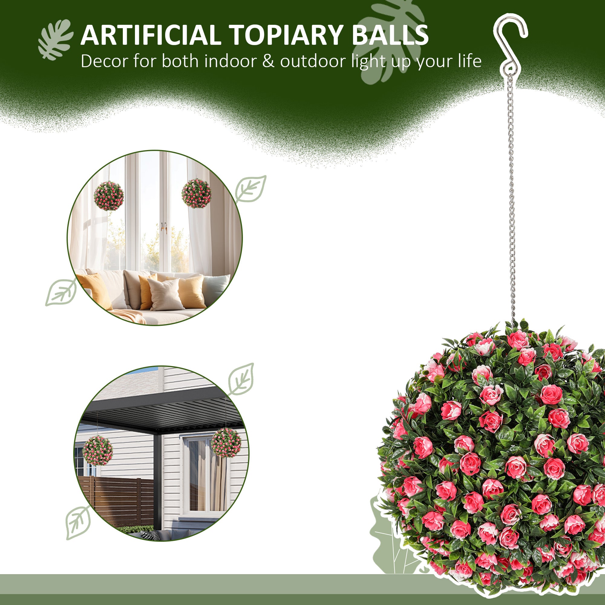HOMCOM Set of 2 Decorative Artificial Plants, UV-protected Artificial Plant Topiary Rose Balls, Fake Plants for Home Indoor outdoor Decor, 28cm, Pink - North Peak Garden Furniture