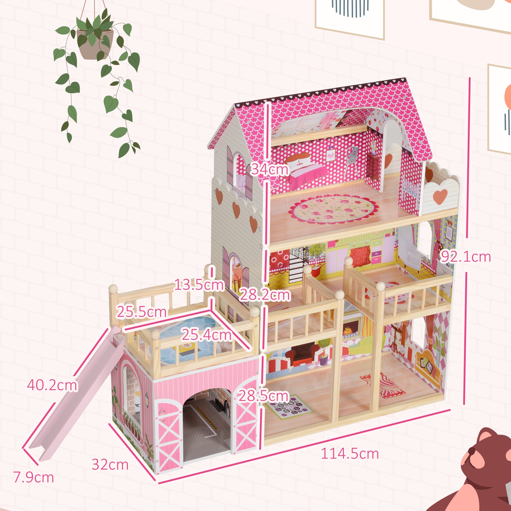 AIYAPLAY 3 Storey Dolls House Play Set with 13 Pieces Wooden Furniture and Accessories for 3-6 Years