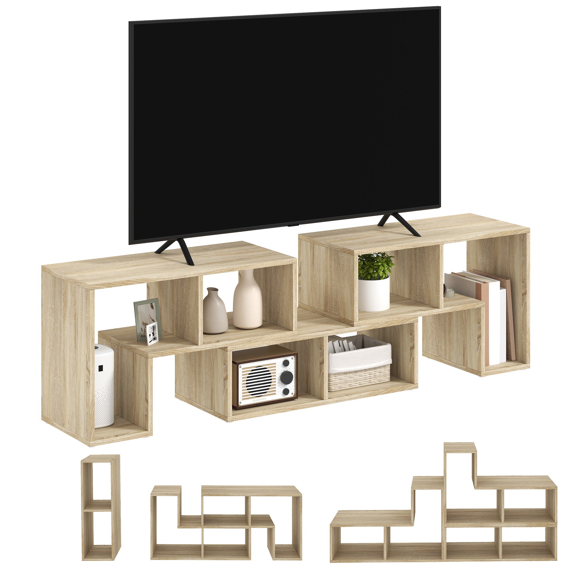 HOMCOM TV Stand for TVs up to 75 Inches, Free Combination TV Unit with Storage Shelves, Extendable Entertainment Centre for Living Room, Grey Oak Wood Grain - North Peak Garden Furniture