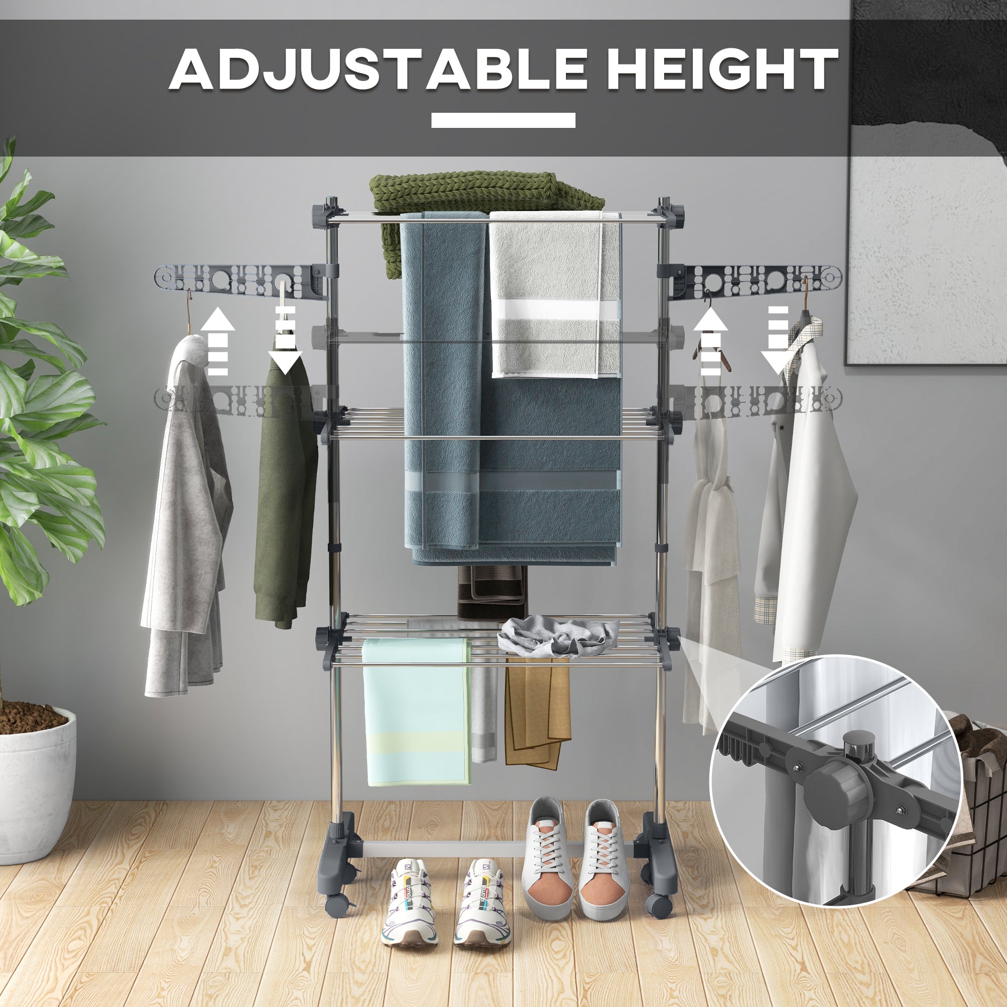 HOMCOM Three-Shelf Collapsing Clothes Horse, With Side Arms and Wheels - Grey - North Peak Garden Furniture