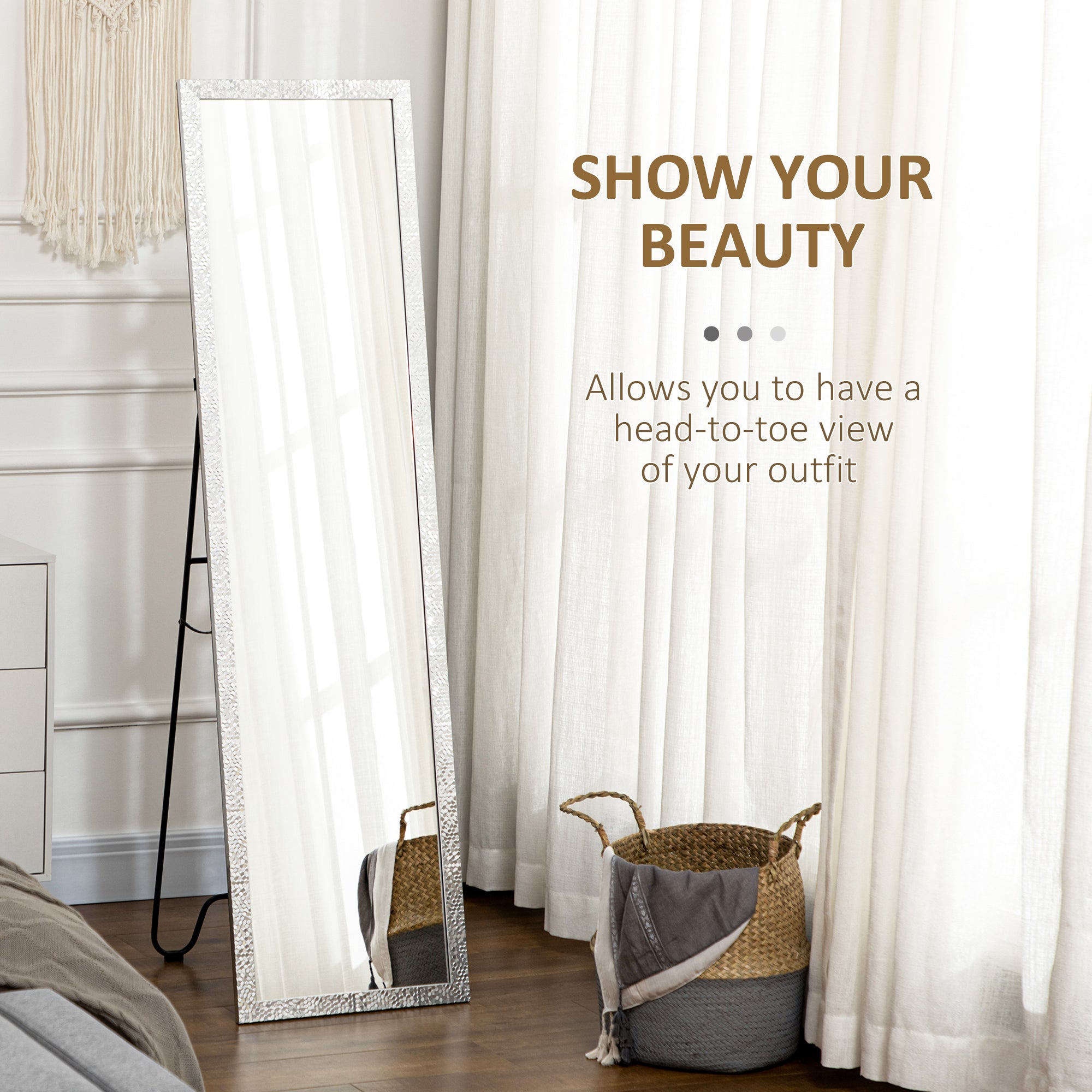 HOMCOM Full Length Mirror Free Standing Mirror Dressing Mirror with PS Frame Modern Wall Mirror for Living Room and Bedroom 34 x 144cm, Silver - North Peak Garden Furniture