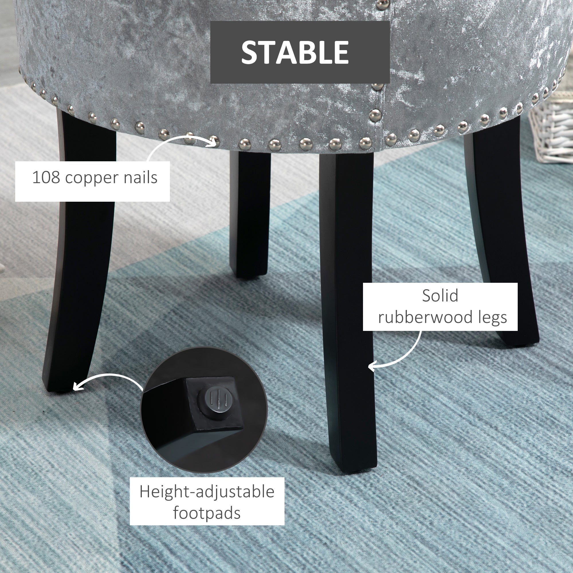 HOMCOM Dressing Table Stool with Rubber Wood Legs, Ice Velvet Vanity Stool for Living Room Bedroom, Grey - North Peak Garden Furniture