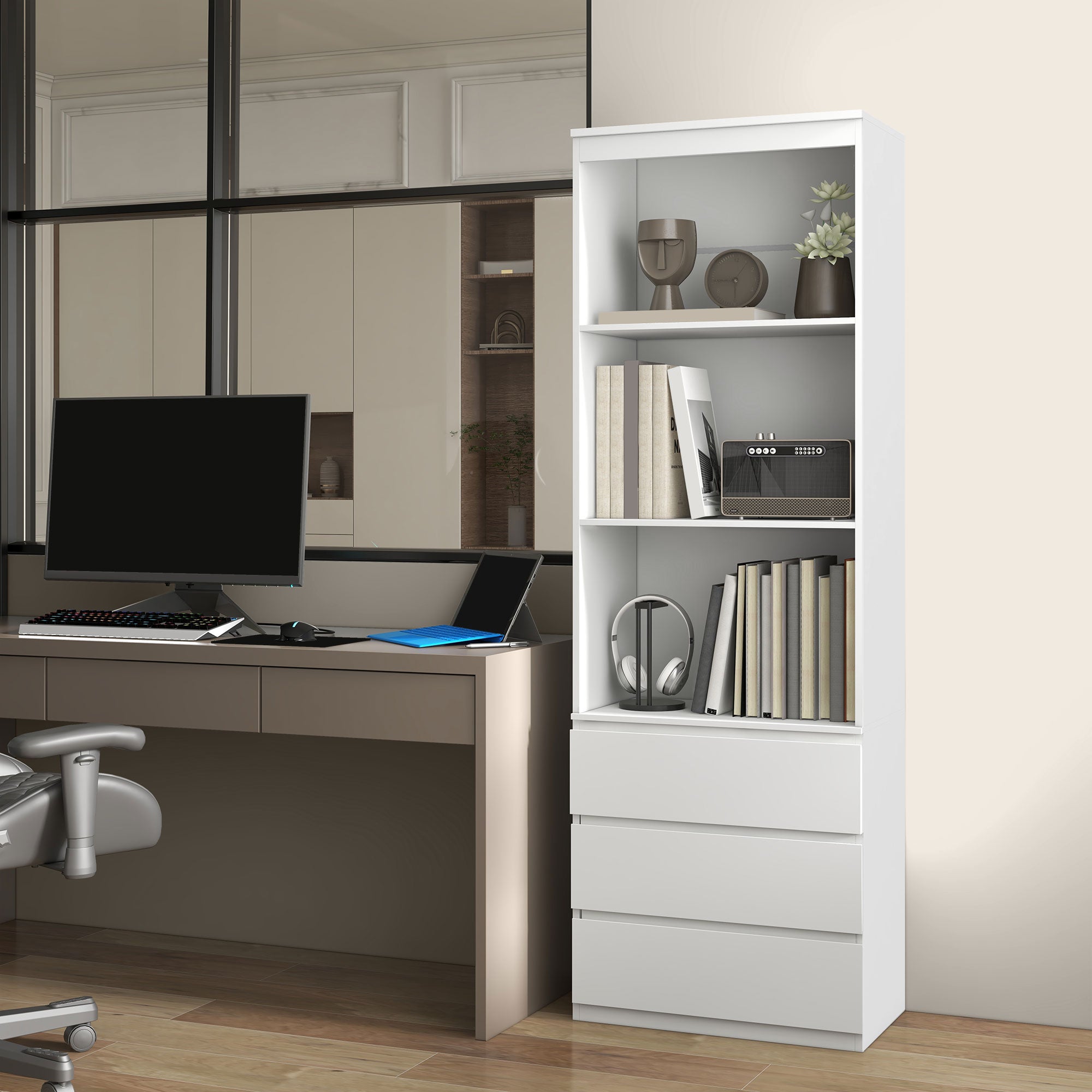 HOMCOM 180cm Tall Bookcase, with Shelves and Drawers - White - North Peak Garden Furniture