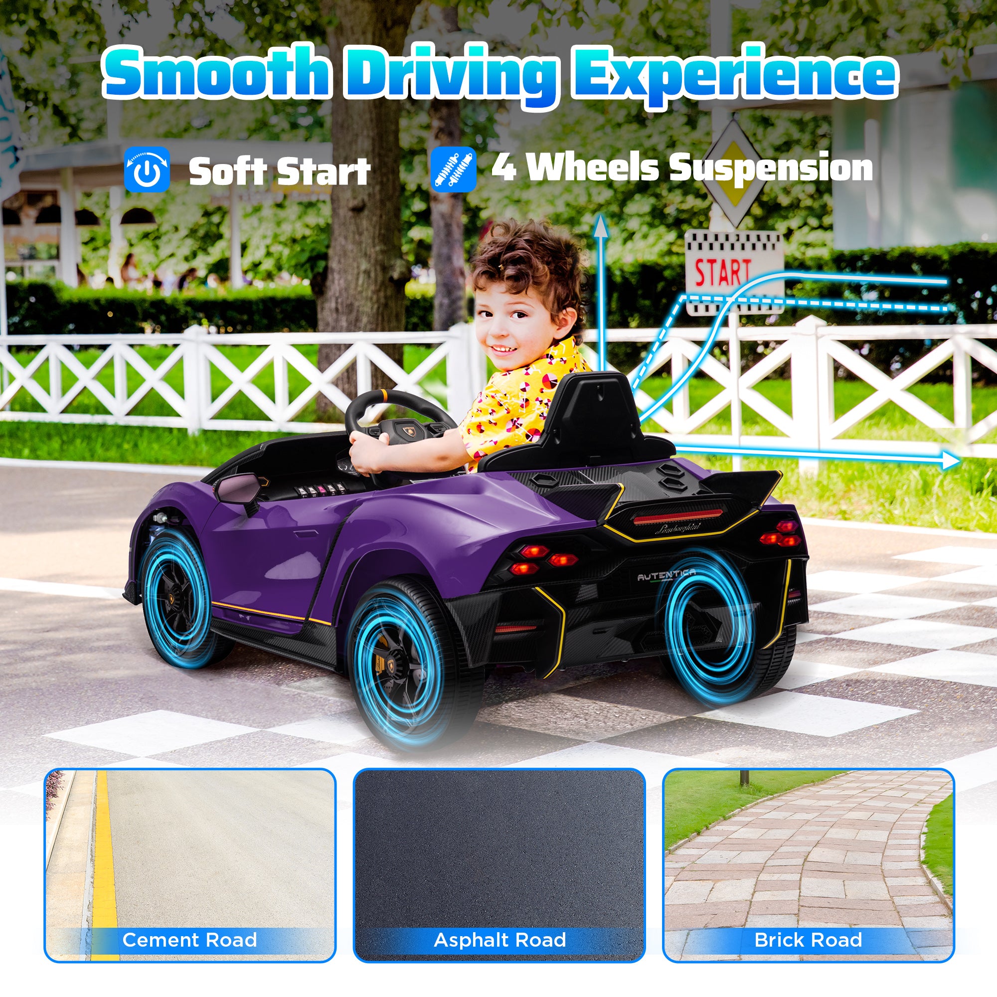 AIYAPLAY 12V Lamborghini Autentica Licensed Kids Electric Car with Remote Control, 4 Suspension Wheels, Soft Start, Purple - North Peak Garden Furniture