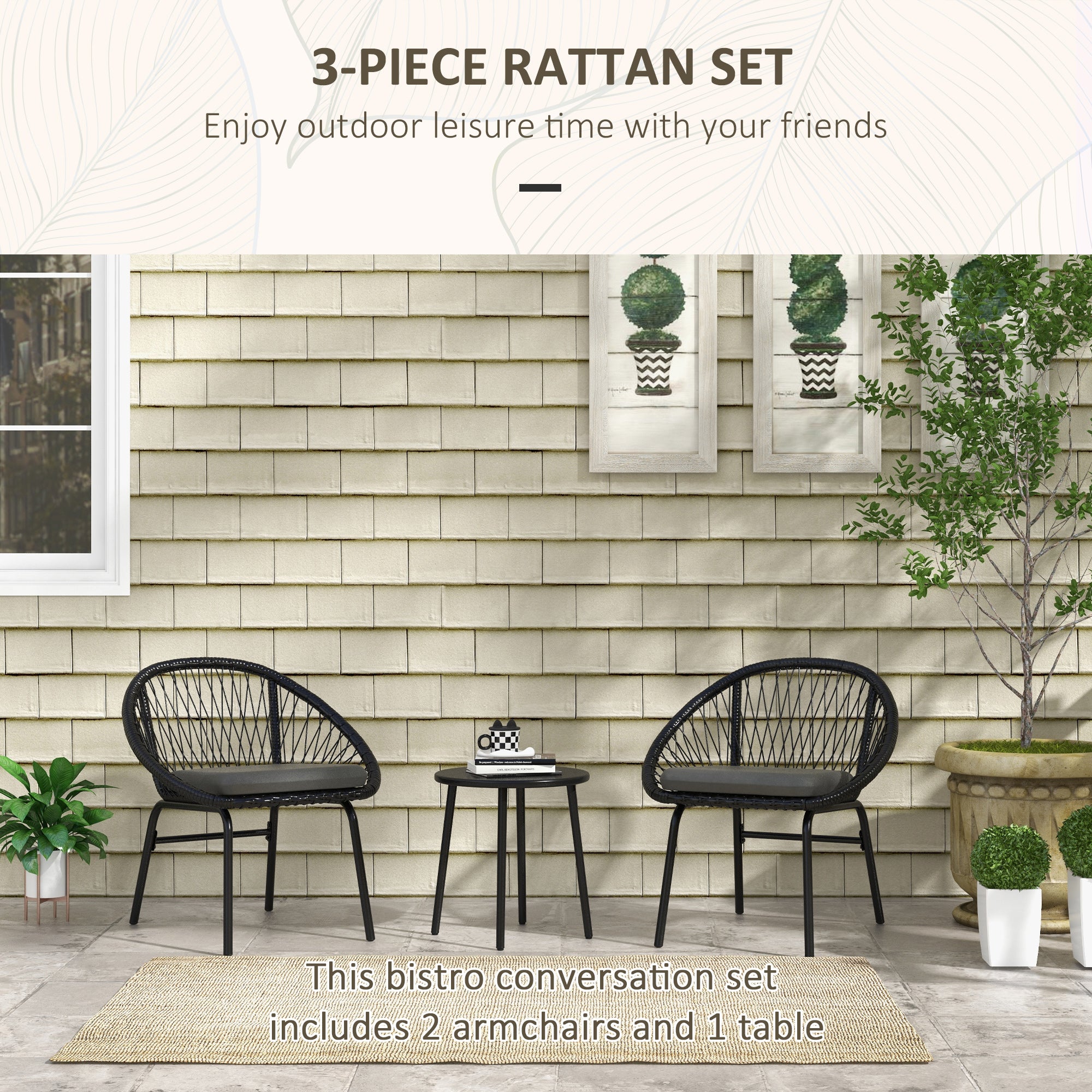 Outsunny Three-Piece Rattan Bistro Set - Black - North Peak Garden Furniture