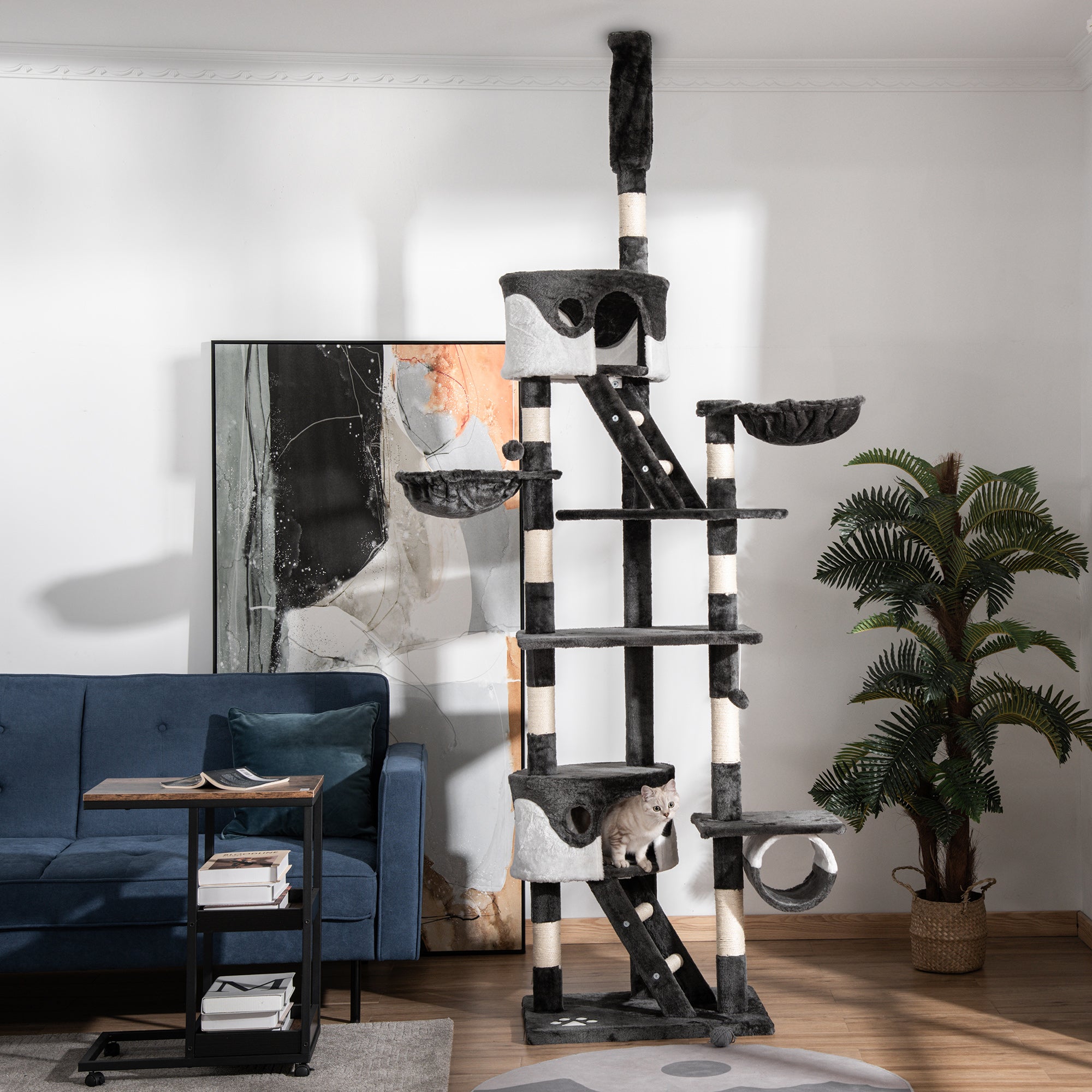 PawHut Floor-to-Ceiling Cat Tree for Indoor Cats, 240-260cm Adjustable Cat Tree - Dark grey - North Peak Garden Furniture