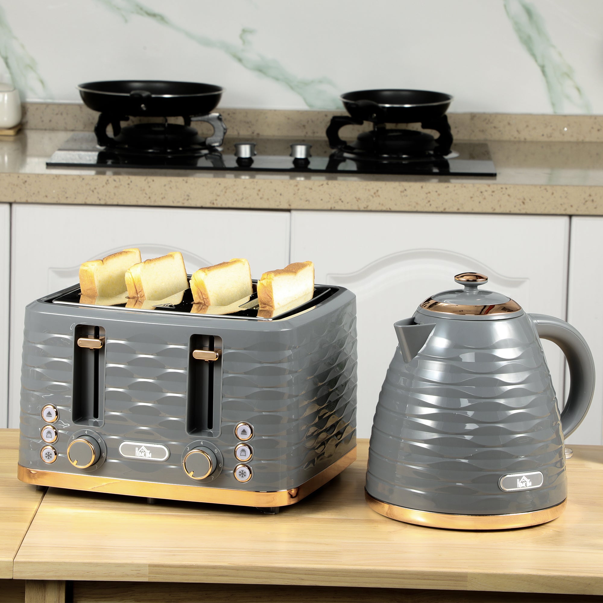 HOMCOM Kettle and Toaster Sets, 3000W 1.7L Rapid Boil Kettle & 4 Slice Toaster with 7 Browning Controls, Defrost, Reheat and Crumb Tray, Otter thermostat, Grey - North Peak Garden Furniture