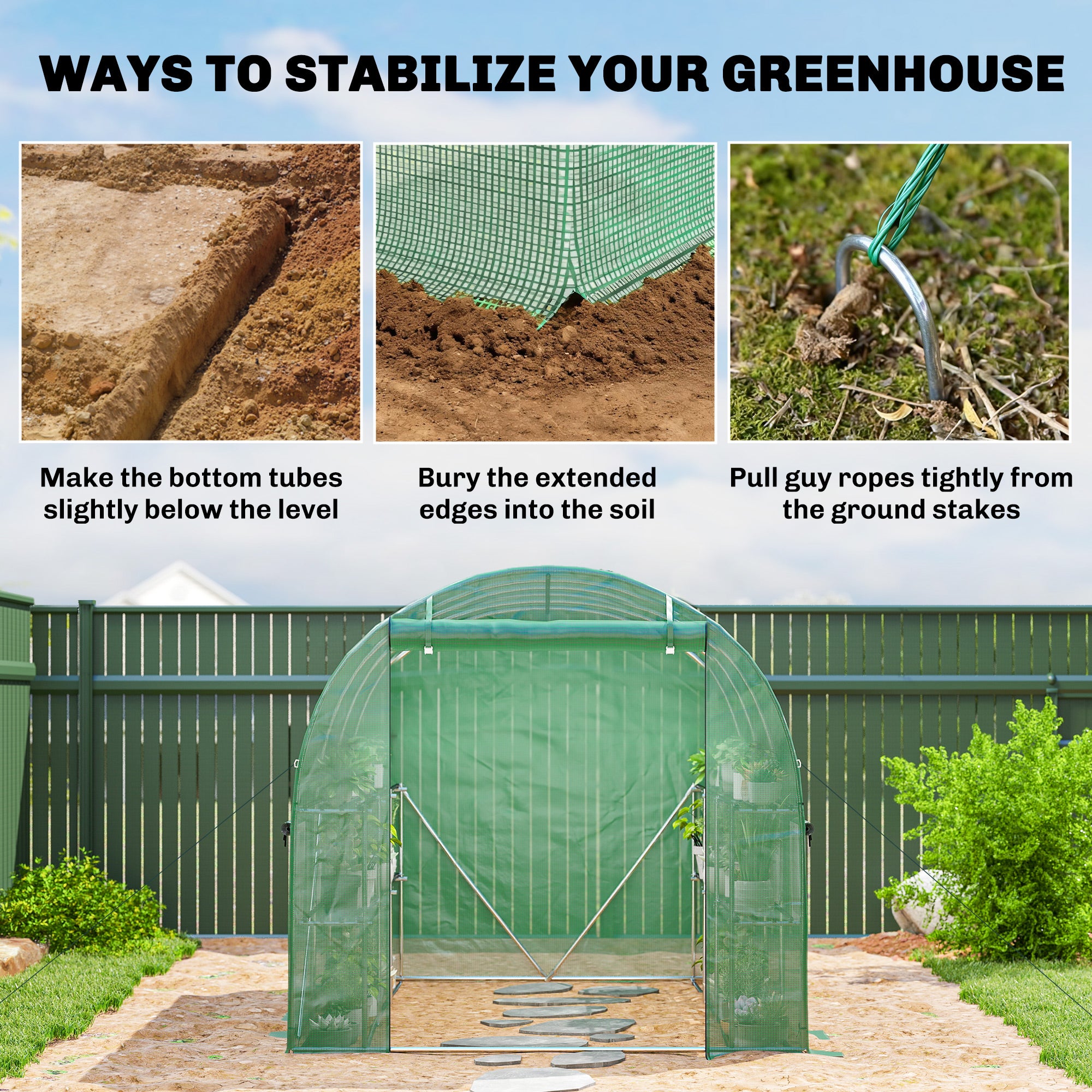 Outsunny Walk-in Greenhouse with Shelves, Polytunnel Greenhouse with Roll-Up Door, 6 Mesh Windows,198 x 275 x 191 cm, Green