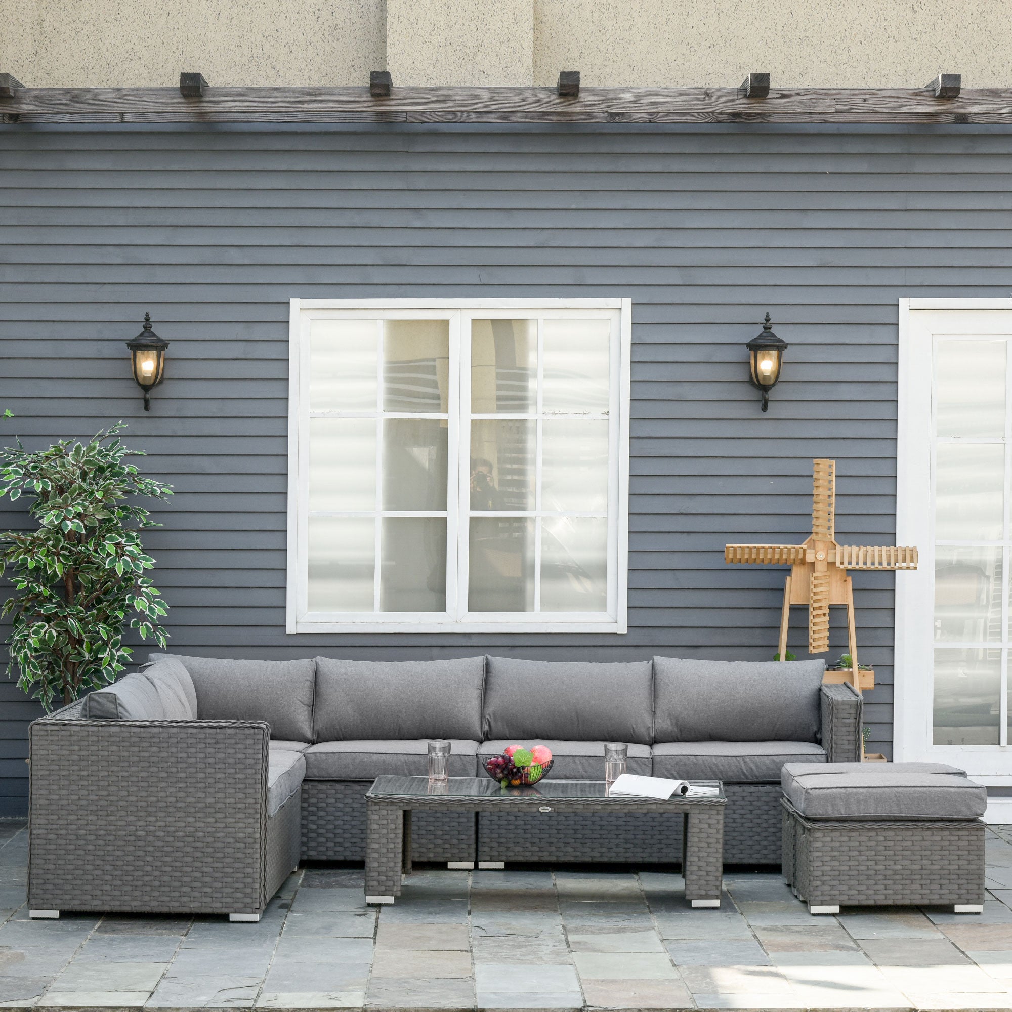 Outsunny 6 Pieces Outdoor PE Rattan Wicker Corner Sofa Set with 10cm Thick Padded Cushions, Aluminium Conservatory Furniture with Glass Top Coffee Table, Footstools, Grey - North Peak Garden Furniture