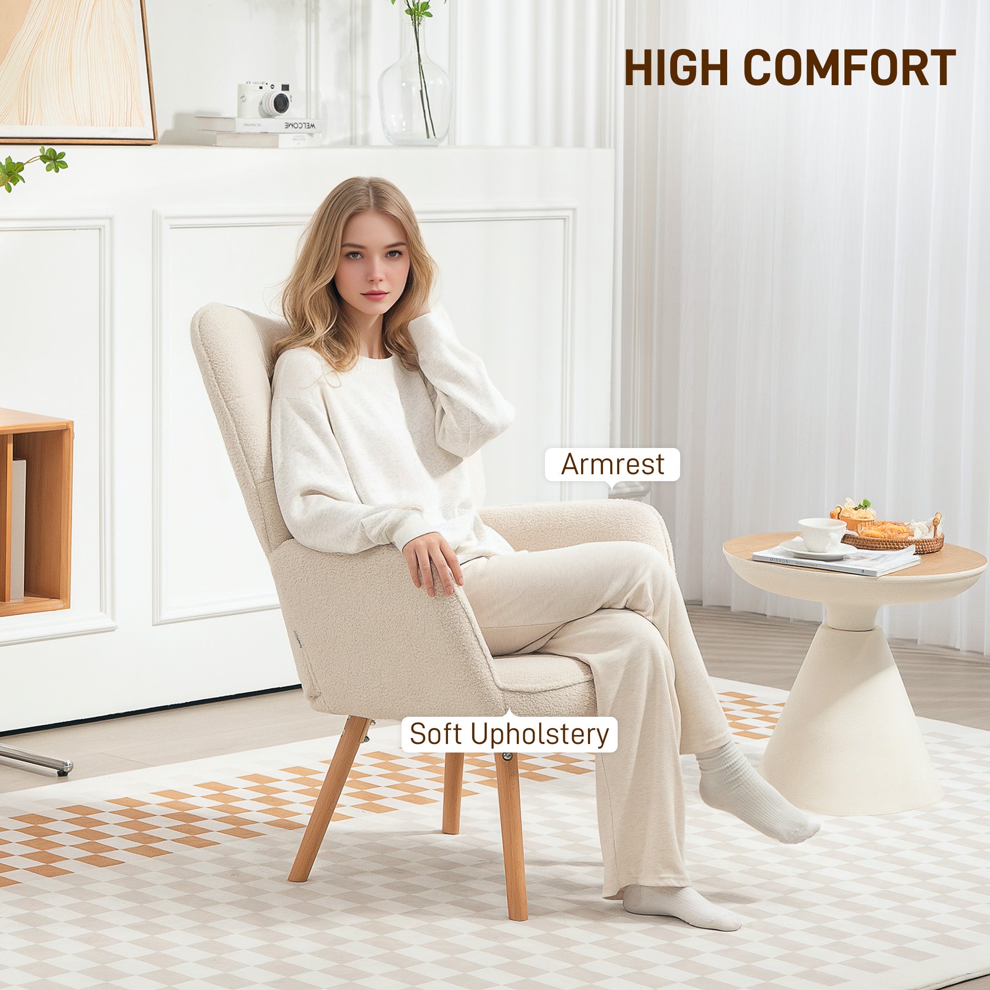 HOMCOM Modern Accent Chair, Upholstered Tufted Wingback Armchair with Seat Padding, Teddy Fleece Leisure Lounge Bedroom Chair with Wood Legs, Cream White - North Peak Garden Furniture