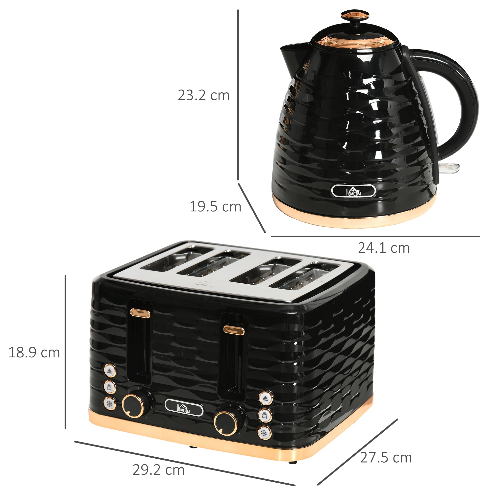 HOMCOM Kettle and Toaster Sets, 3000W 1.7L Rapid Boil Kettle & 4 Slice Toaster with 7 Browning Controls, Defrost, Reheat and Crumb Tray, Otter thermostat, Black - North Peak Garden Furniture