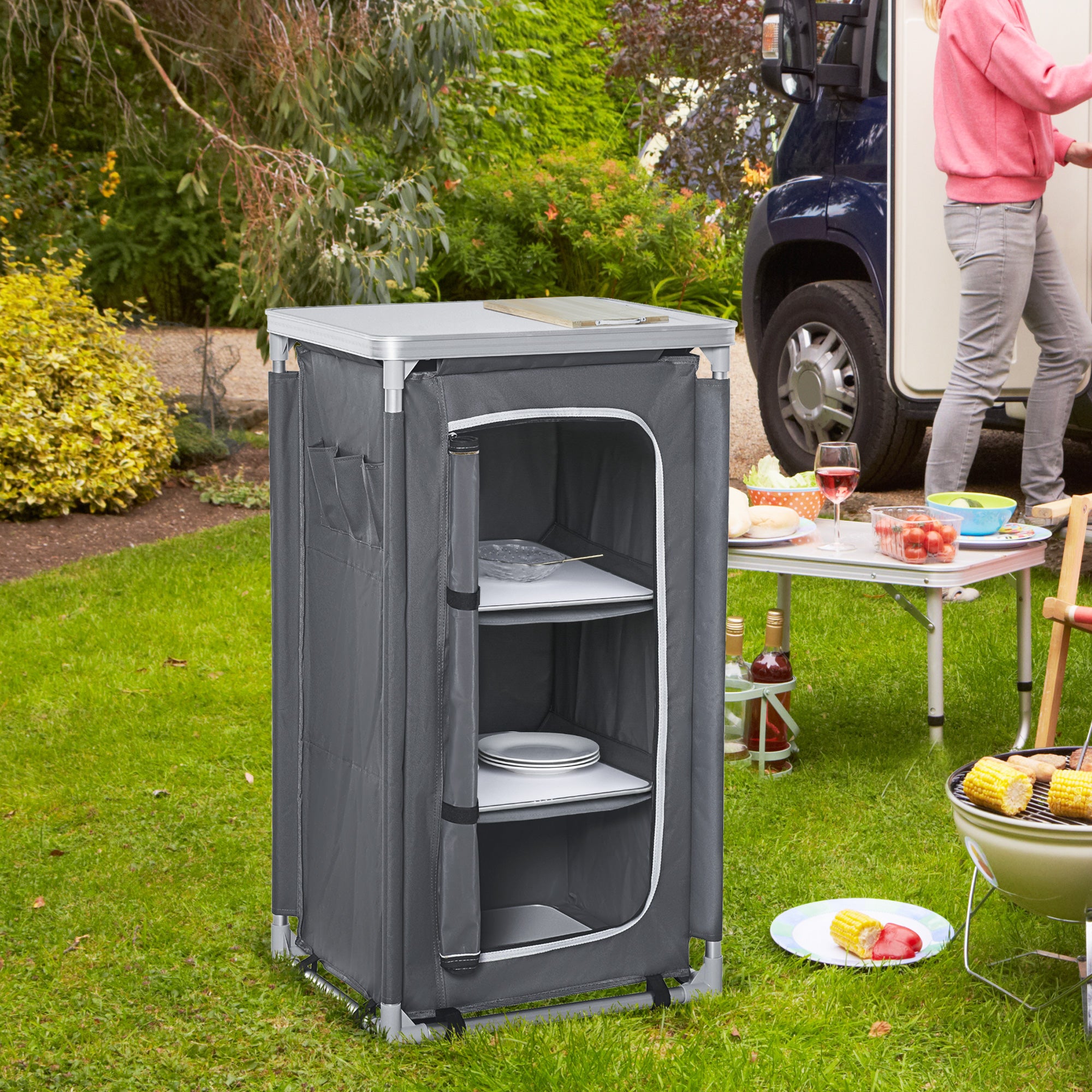 Outsunny 3-Shelf Camping Cupboard Camping Kitchen Station Cook Table, Storage Organiser for BBQ Party Picnics Backyards with Carrying Bag, Grey - North Peak Garden Furniture