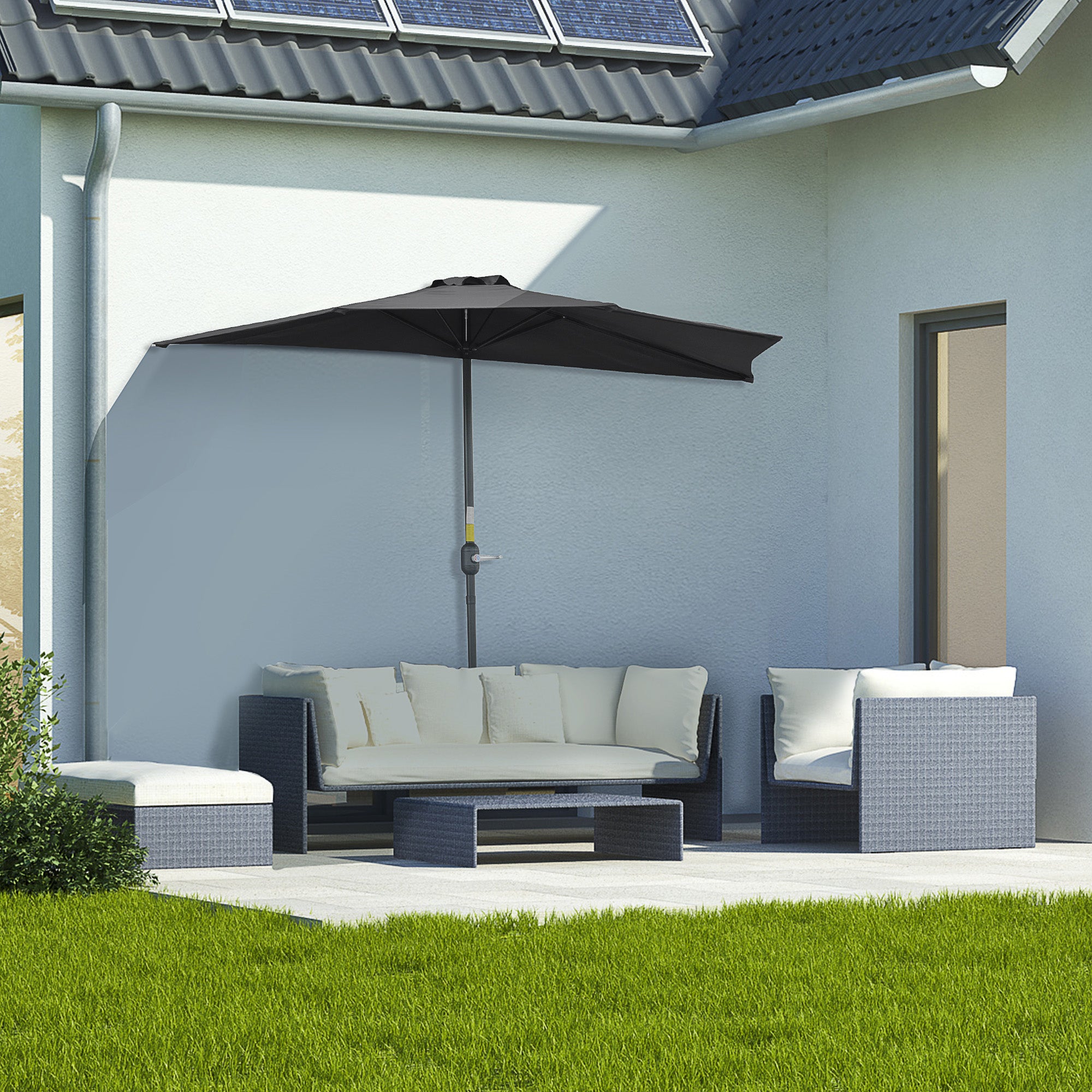 Outsunny 2.7m Garden Half Parasol, Outdoor Balcony Umbrella with 5 Steel Ribs, Patio Sun Shade, Black - North Peak Garden Furniture