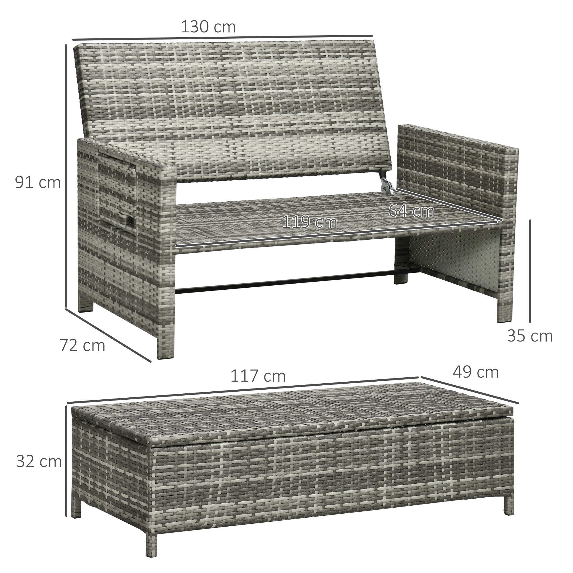 Outsunny 2 Seater Assembled Garden Patio Outdoor Rattan Furniture Sofa Sun Lounger Daybed with Fire Retardant Sponge - Grey - North Peak Garden Furniture