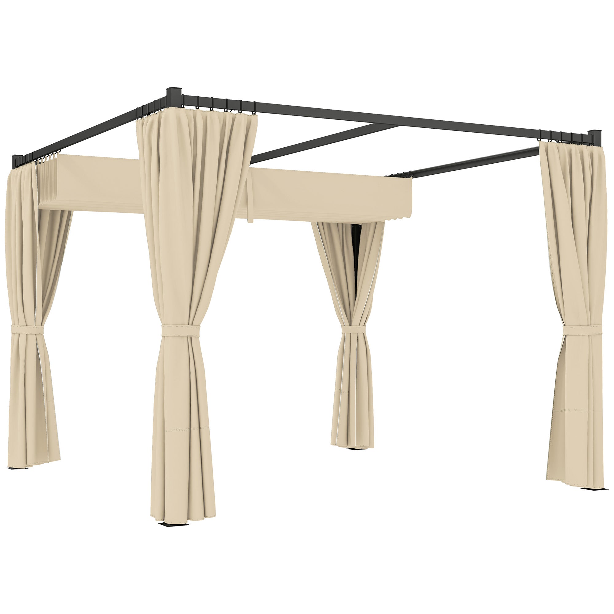 Outsunny 3 x 3m Retractable Roof Pergola, with Curtains - Khaki - North Peak Garden Furniture