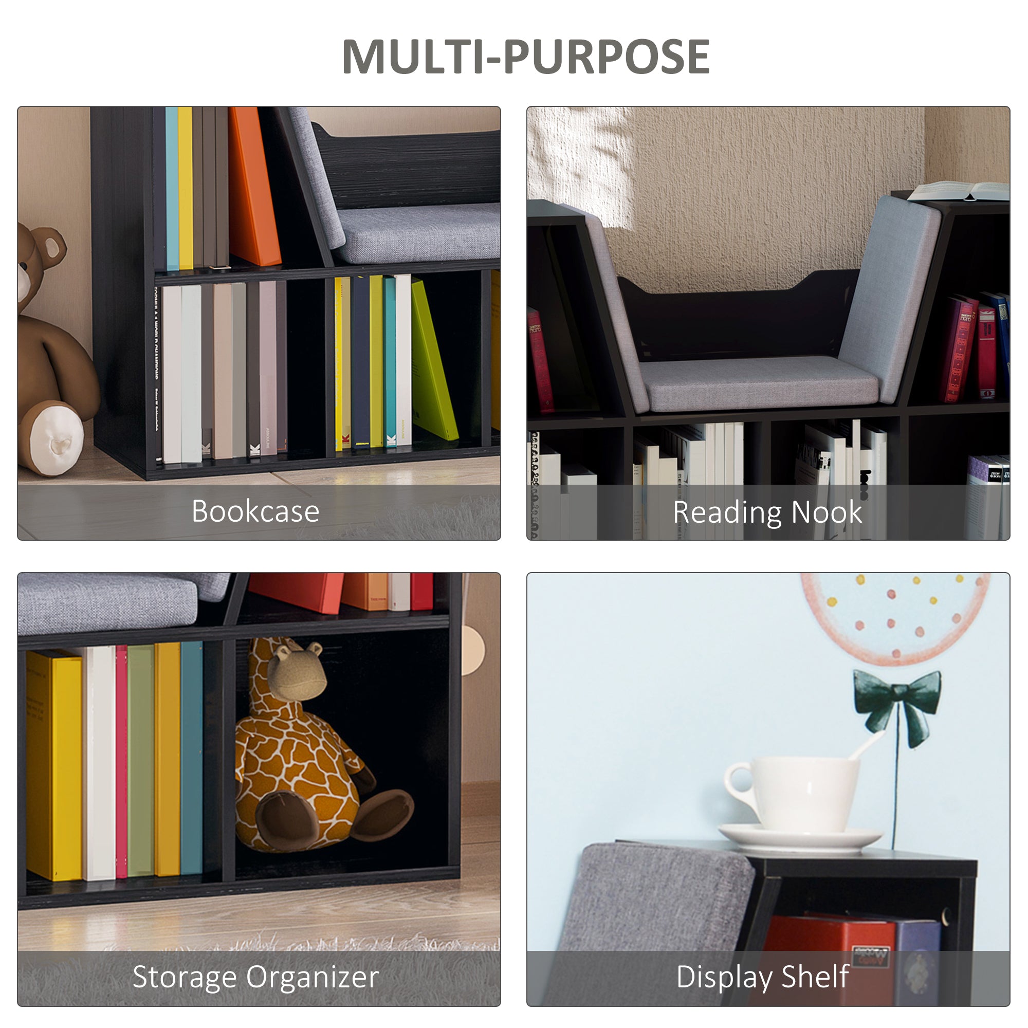 HOMCOM Bookcase Storage Shelf with Cushioned Reading Seat, Cube Bookshelf Organizer for Bedroom Living Room, Black