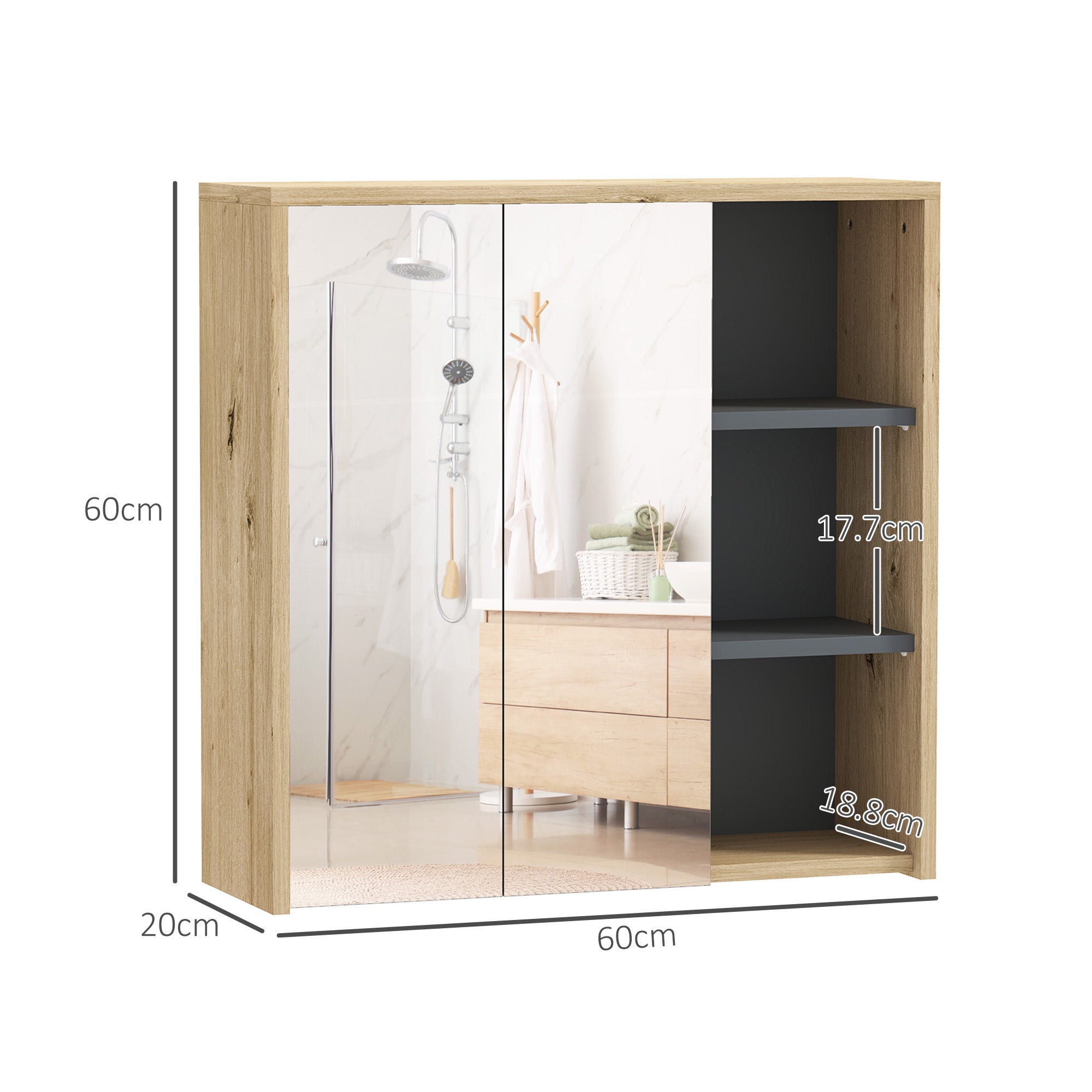 HOMCOM Five-Shelf Mirrored Bathroom Cabinet - Wood-Effect - North Peak Garden Furniture