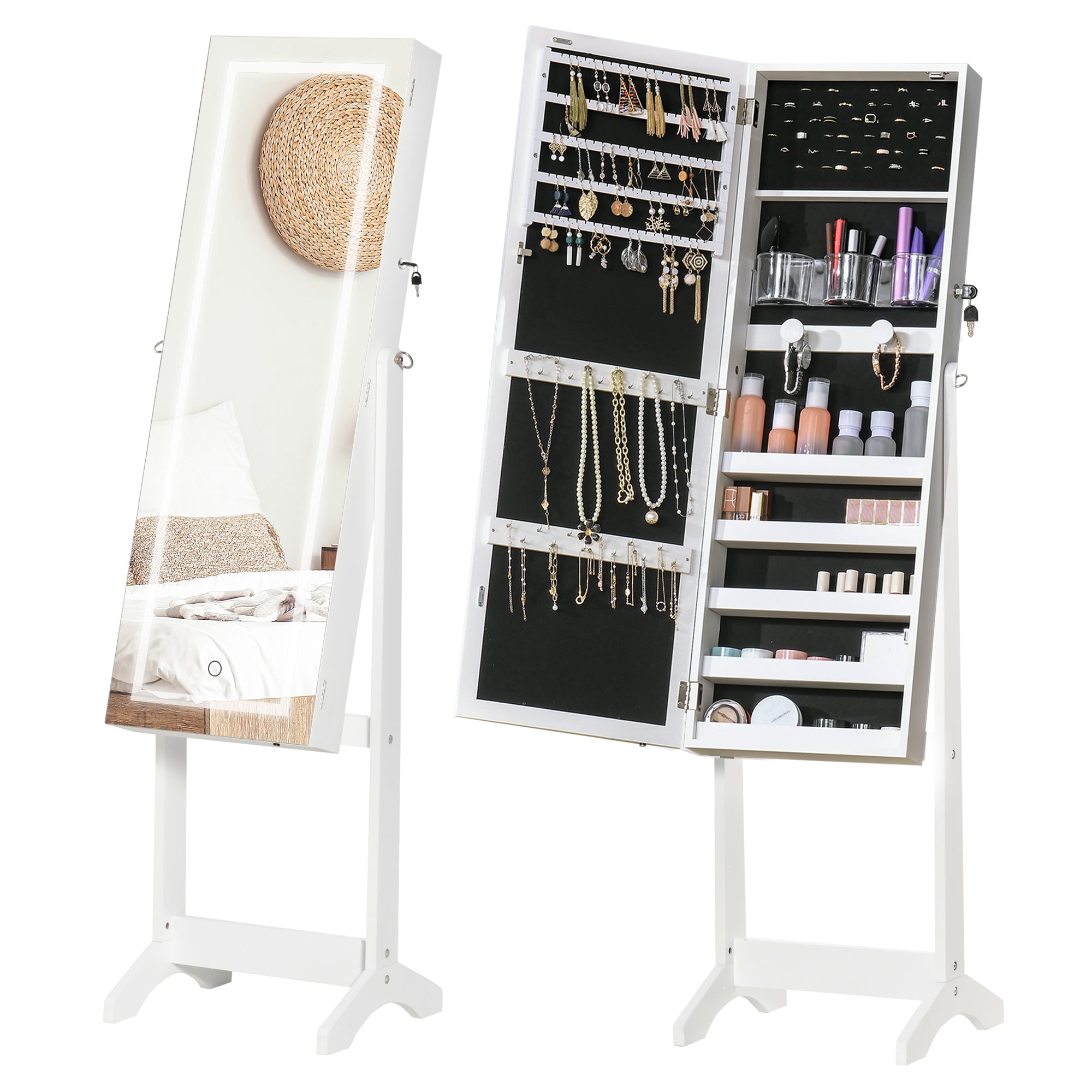 HOMCOM Jewellery Cabinet with LED Light, Lockable Jewellery Organiser with Full-Length Mirror for Bedroom Dressing Room, White - North Peak Garden Furniture
