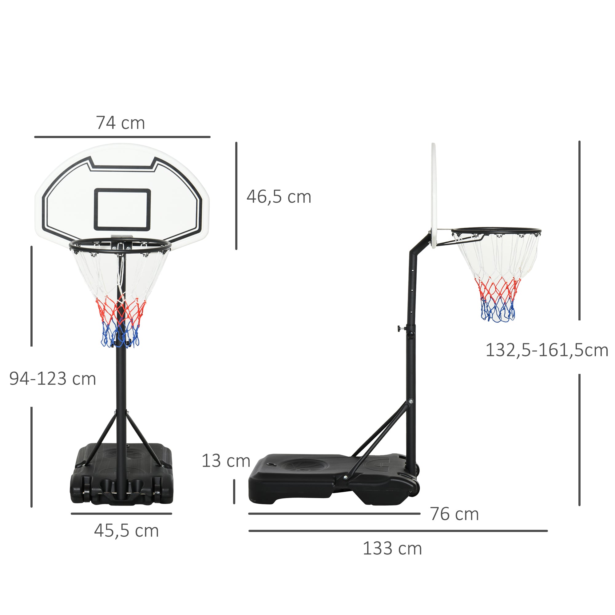 HOMCOM Portable Basketball Stand 94-123cm Basket Height Adjustable Hoop For Adults Suitable for Pool Side