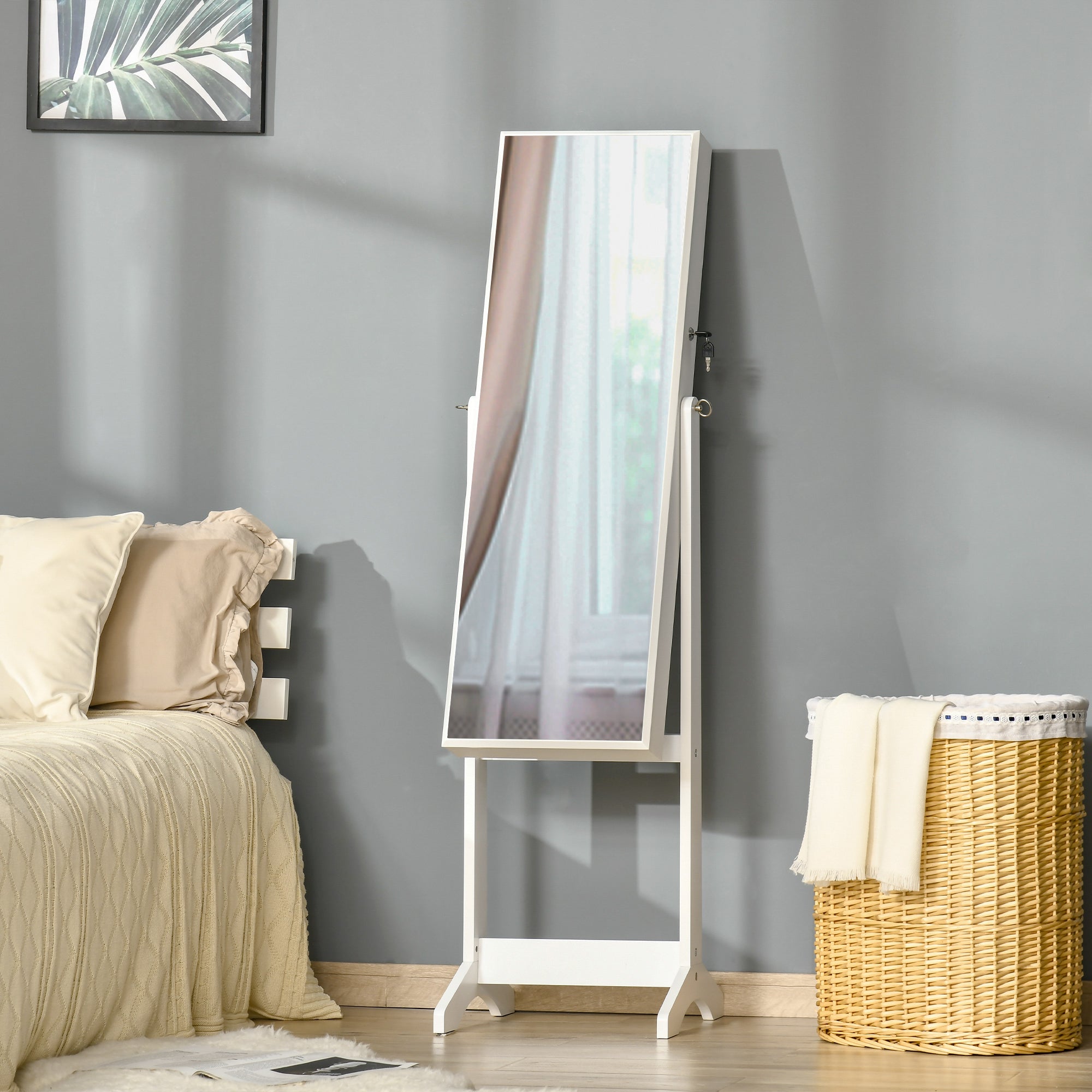 HOMCOM Full Length Mirror with Storage, Jewellery Cabinet with Mirror, Adjustable Angle and Stand, Lockable Jewellery Organiser for Bedroom Dressing Room, White - North Peak Garden Furniture