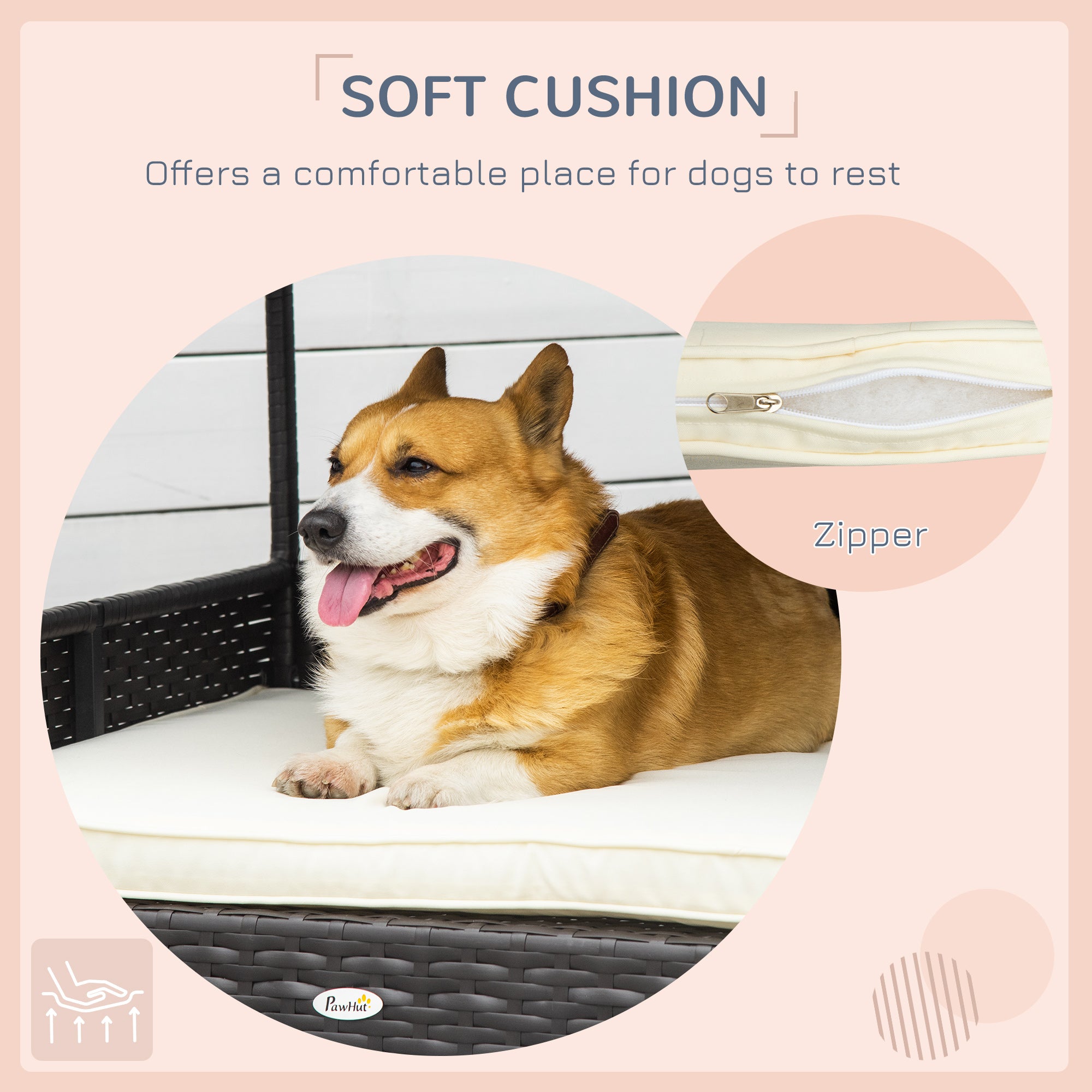 PawHut Wicker Dog House, Rattan Pet Bed, with Removable Cushion, Canopy, for Small and Medium Dogs - Cream - North Peak Garden Furniture