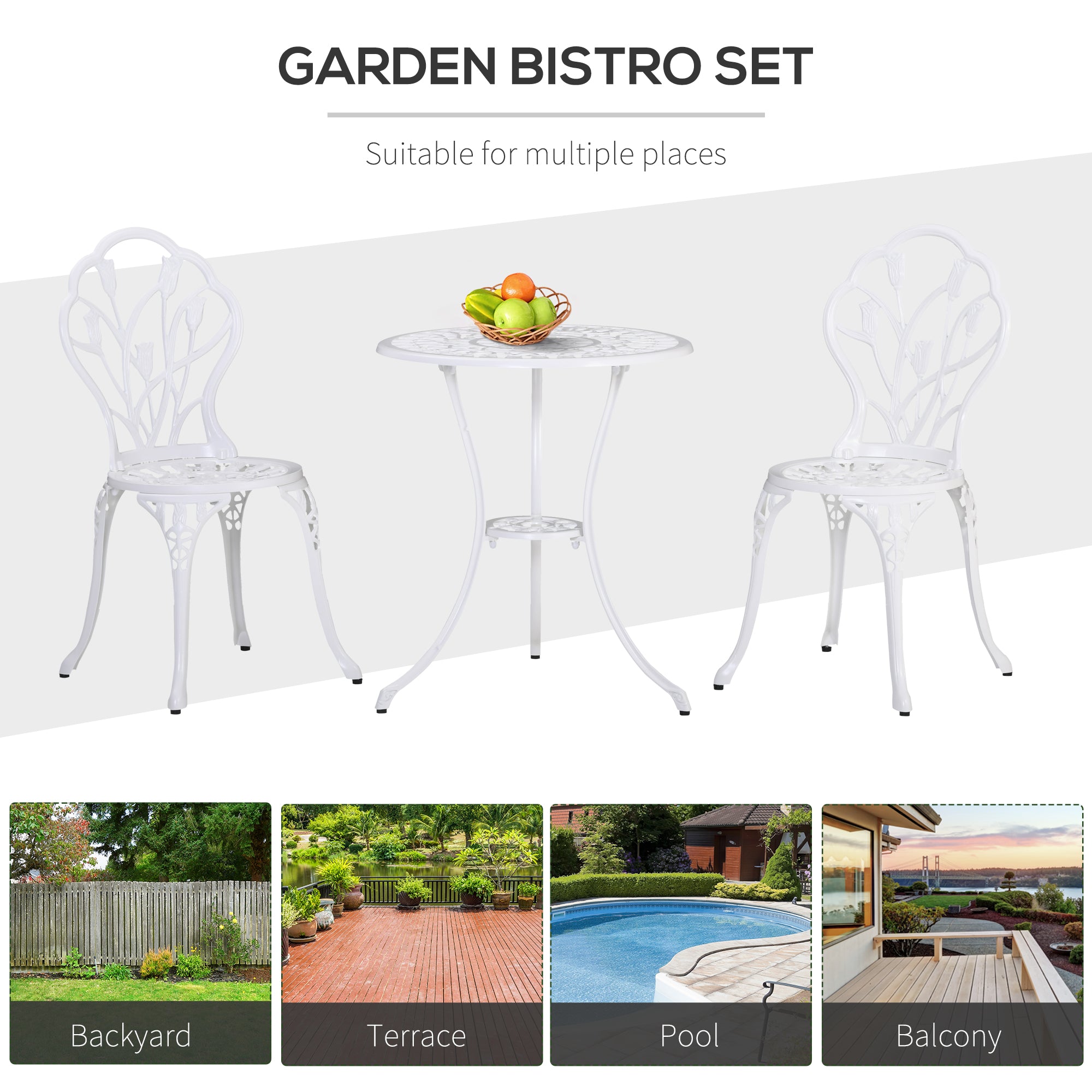 Outsunny 3 Piece Patio Bistro Set for 2, Outdoor Aluminium Garden Table and Chairs with Umbrella Hole for Balcony, White - North Peak Garden Furniture