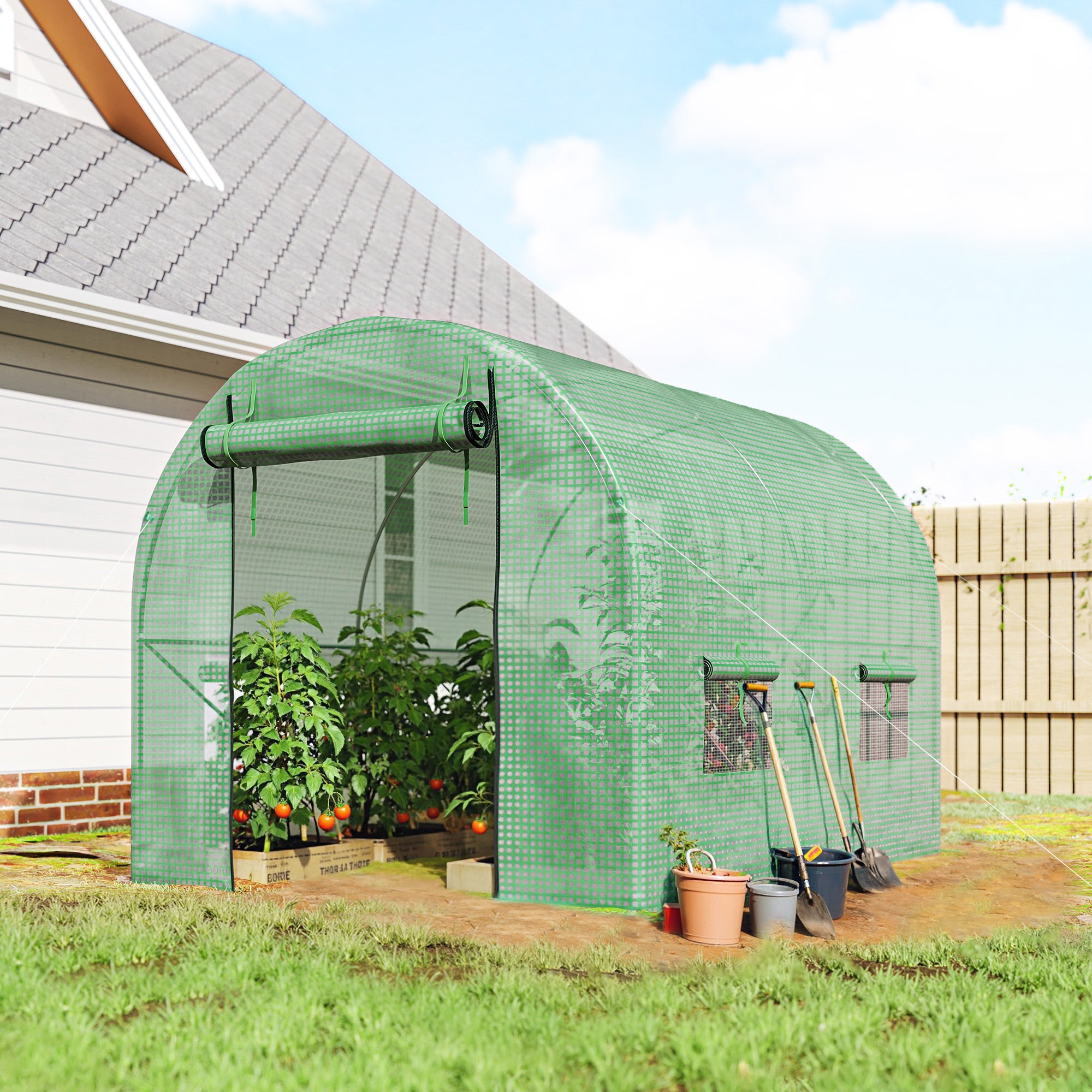 Outsunny Walk-In Garden Polytunnel Greenhouse with Steel Frame, PE Cover, Roll-Up Door and 4 Windows, 2.5 x 2m, Green