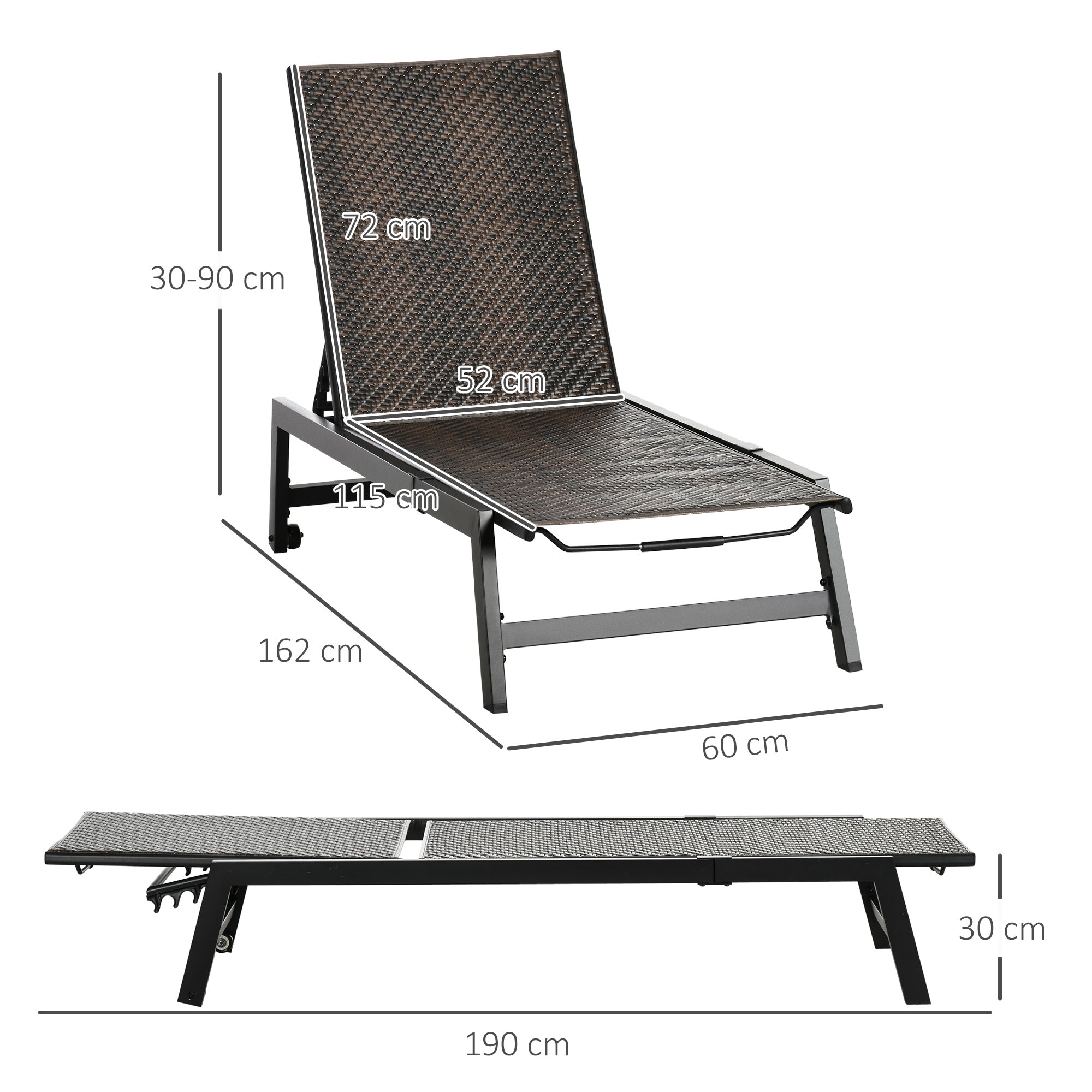 Outsunny Rattan Sun Lounger, with Five-Position Back - Brown/Black