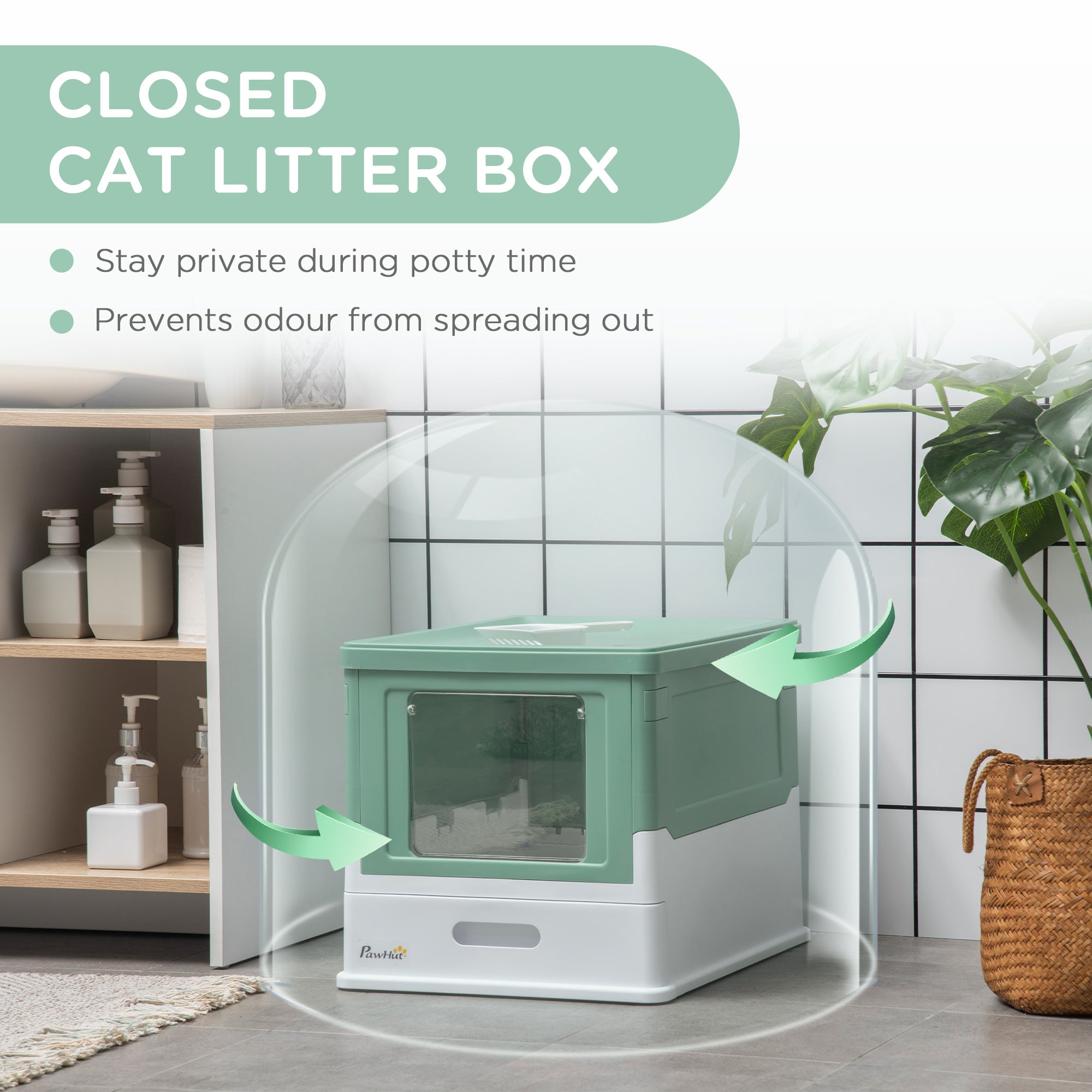 PawHut Hooded Cat Litter Box, Portable Pet Toilet, with Scoop, Front Entry - Green - North Peak Garden Furniture