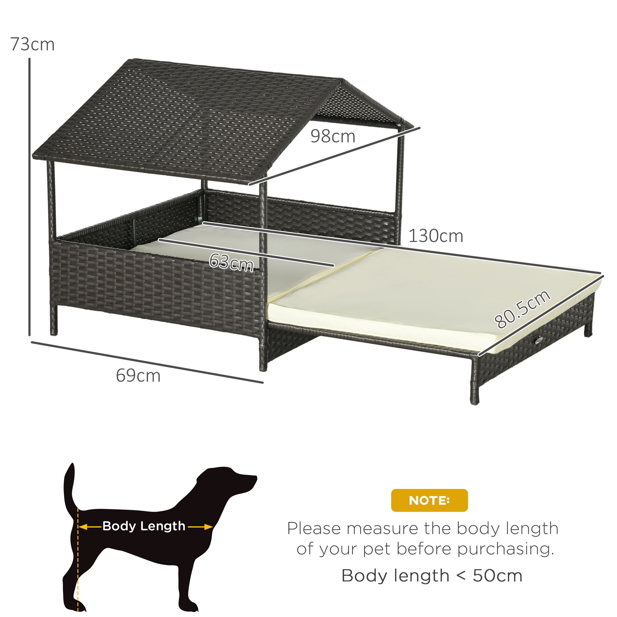 PawHut Extendable Elevated Dog Bed, Rattan Dog House, with Water-Resistant Roof, Removable Cushion, for Small, Medium Dogs - North Peak Garden Furniture