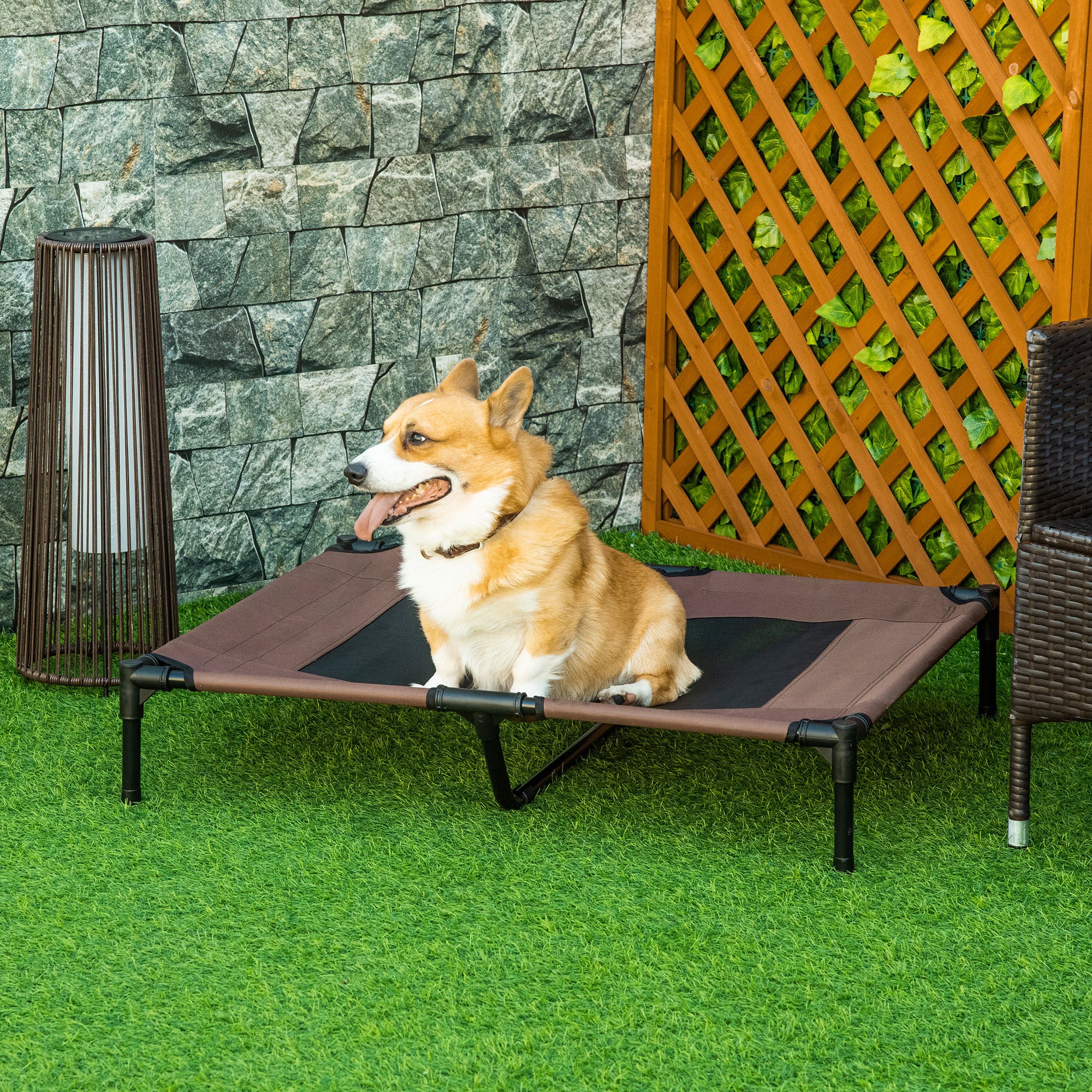 PawHut Large Raised Dog Bed Cat Elevated Lifted Cooling Portable Camping Basket Outdoor Indoor Mesh Pet Cot Metal Frame Brown - North Peak Garden Furniture