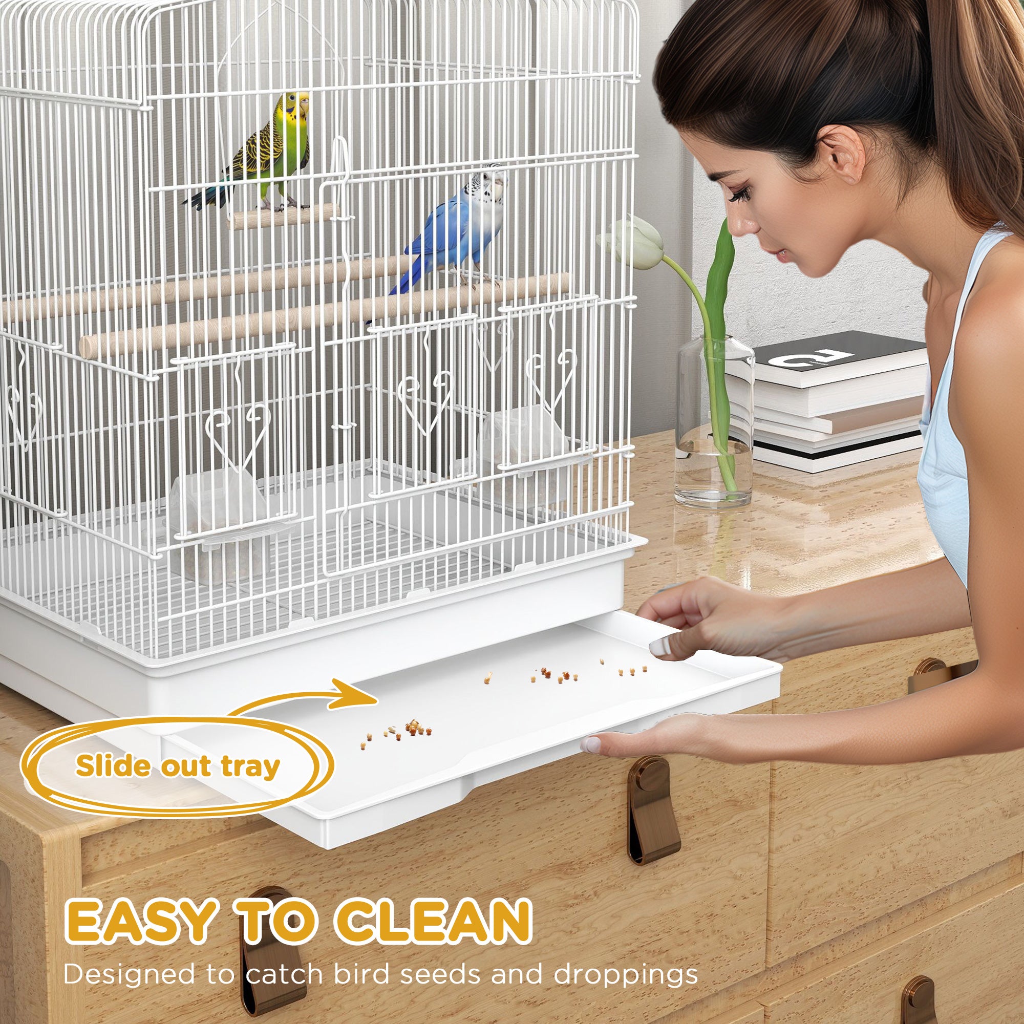 PawHut Large Metal Bird Cage with Perches, Food Bowls, Swing, for Budgies, Parakeets, White - North Peak Garden Furniture