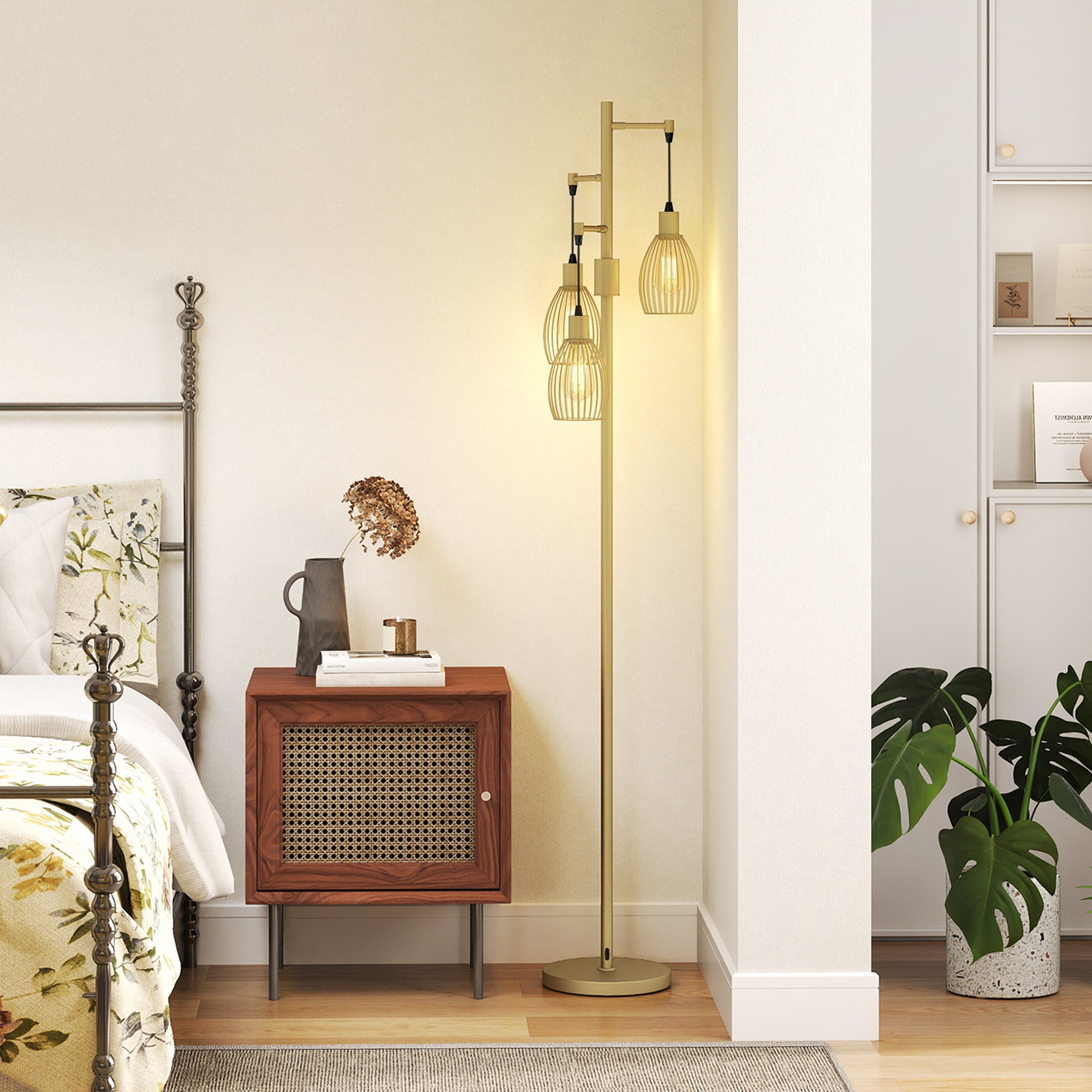 HOMCOM 170.5cm Industrial Dimmable Standing Lamp, 3-Light Floor Lamp with Steel Wire Cage Lampshades, Gold Tone