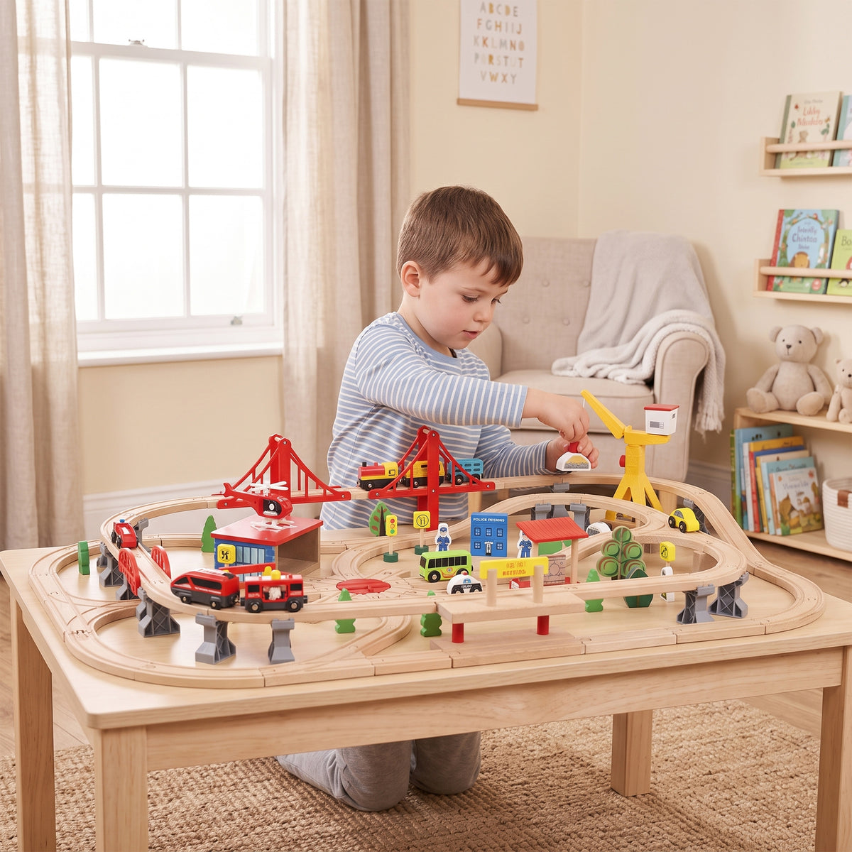 AIYAPLAY 133-Piece Wooden Train Set, Toy Train with Crane, Storage Box, for Kids Ages 3+